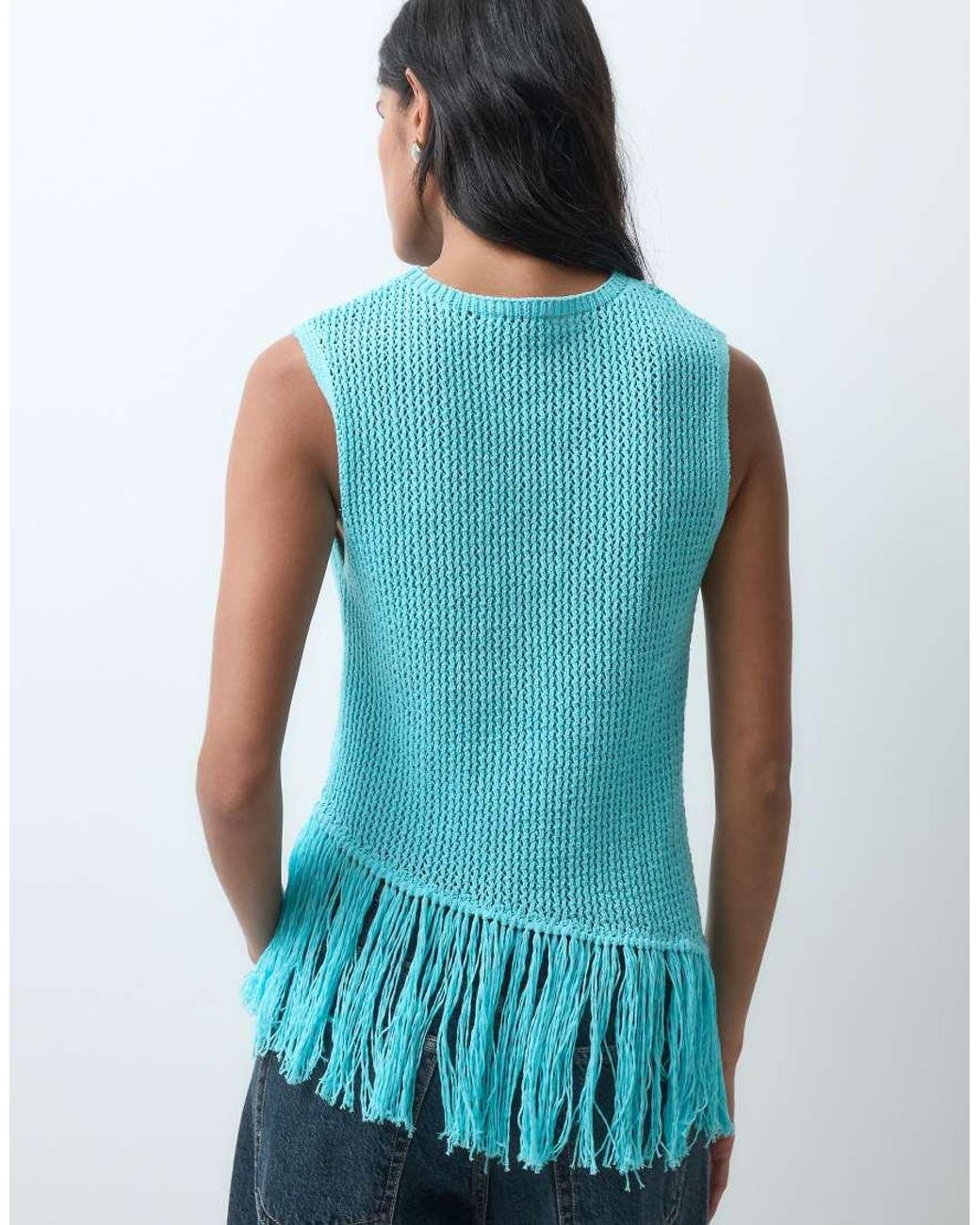 Miss Selfridge Blue Knitted Top With Fringing