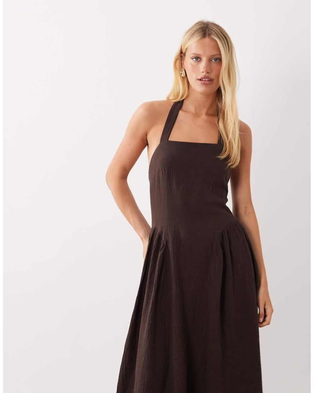 Mango Brown Sqaure Neck Halter Detail Sleeveless Maxi Dress With Cinch Waist