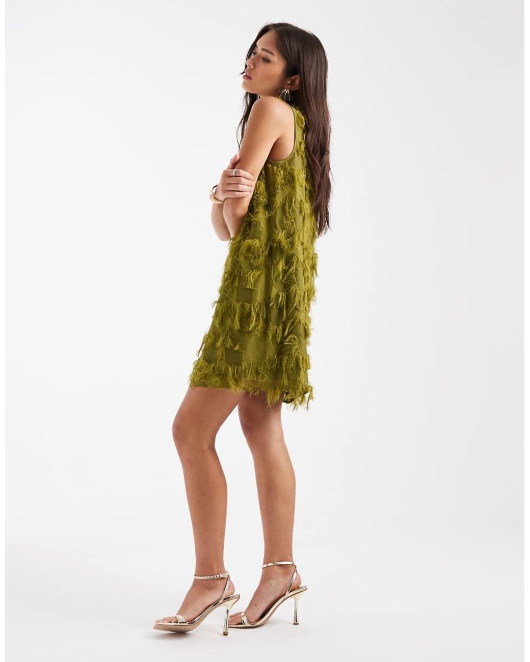 French Connection Green Fringed Chiffon Mini Dress