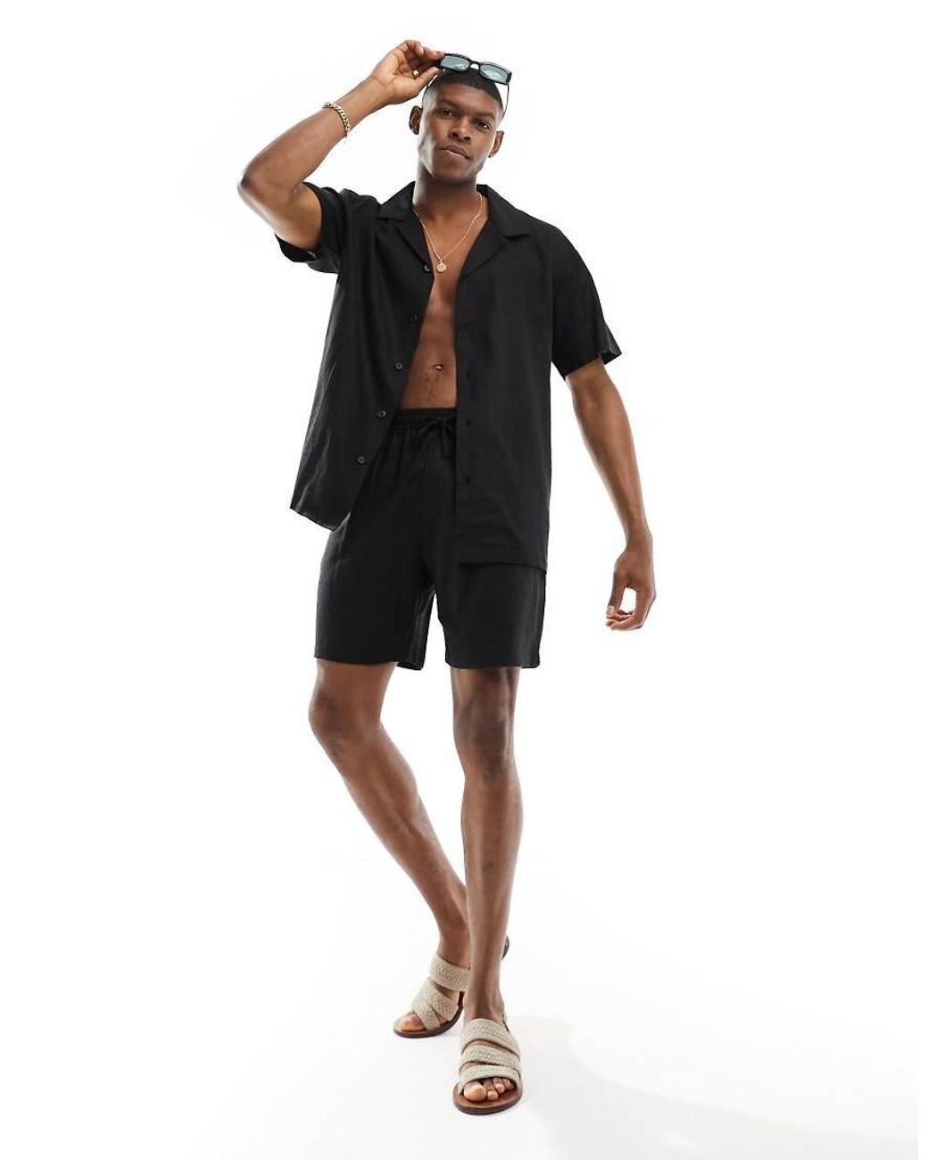 South Beach Black Linen Blend Beach Shorts for men