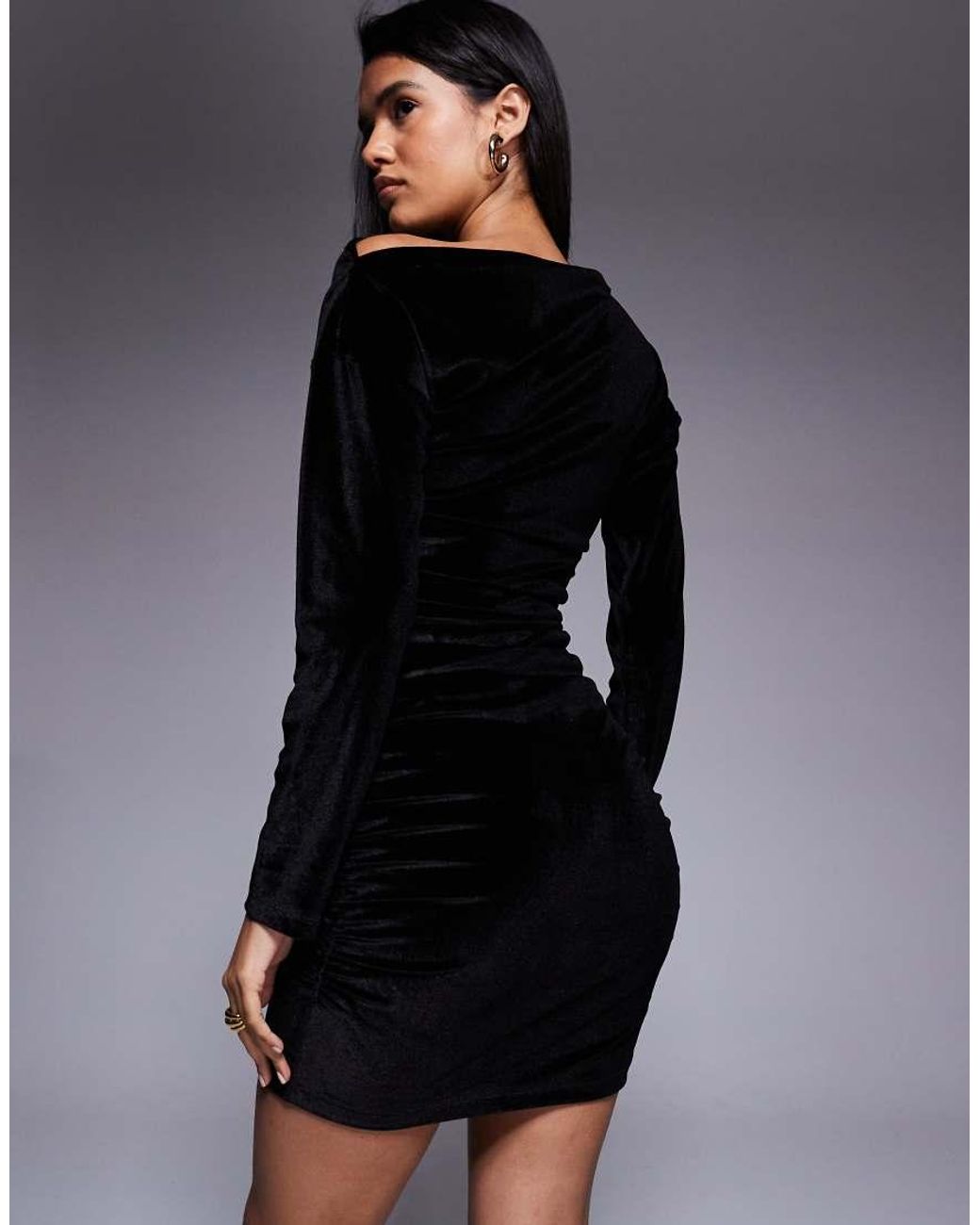 ASOS Black Cinched Asymmetric Off Shoulder Velvet Mini Dress