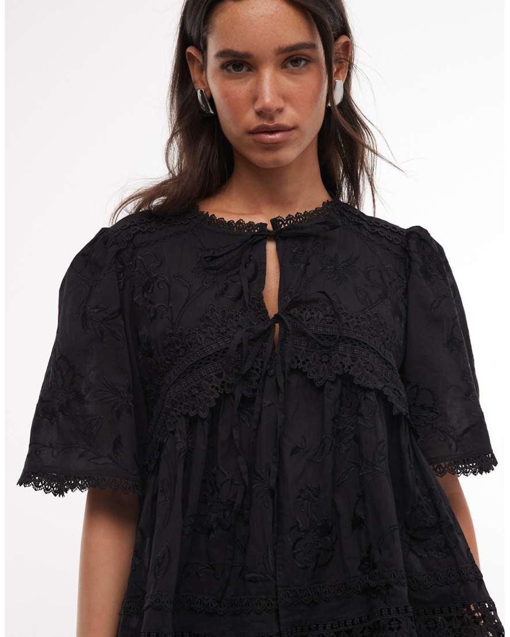 AllSaints Black Lillith Short Sleeve Tie Up Thrilly Lace Blouse