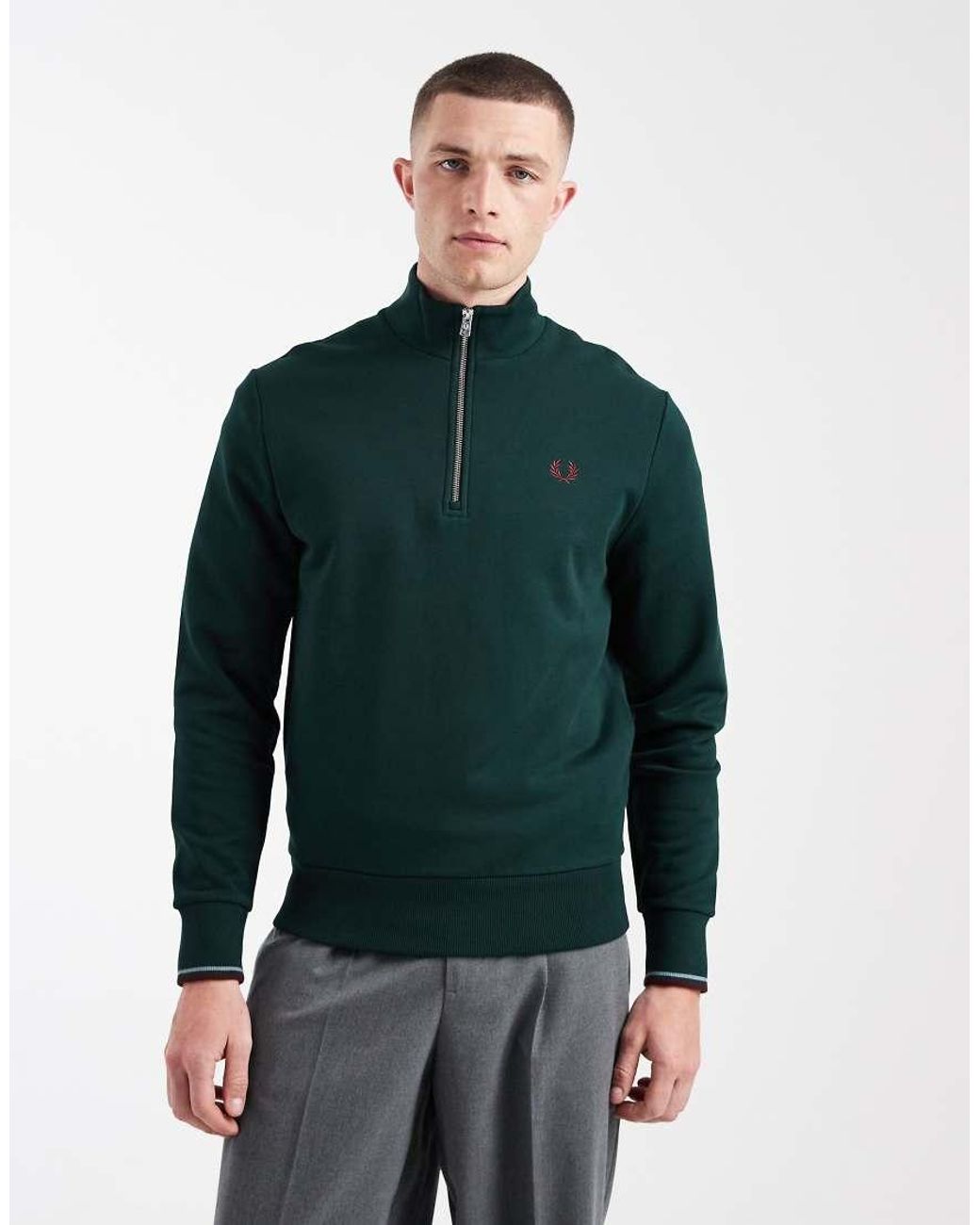 Fred Perry Green Half Zip Logo Sweatshirt for men