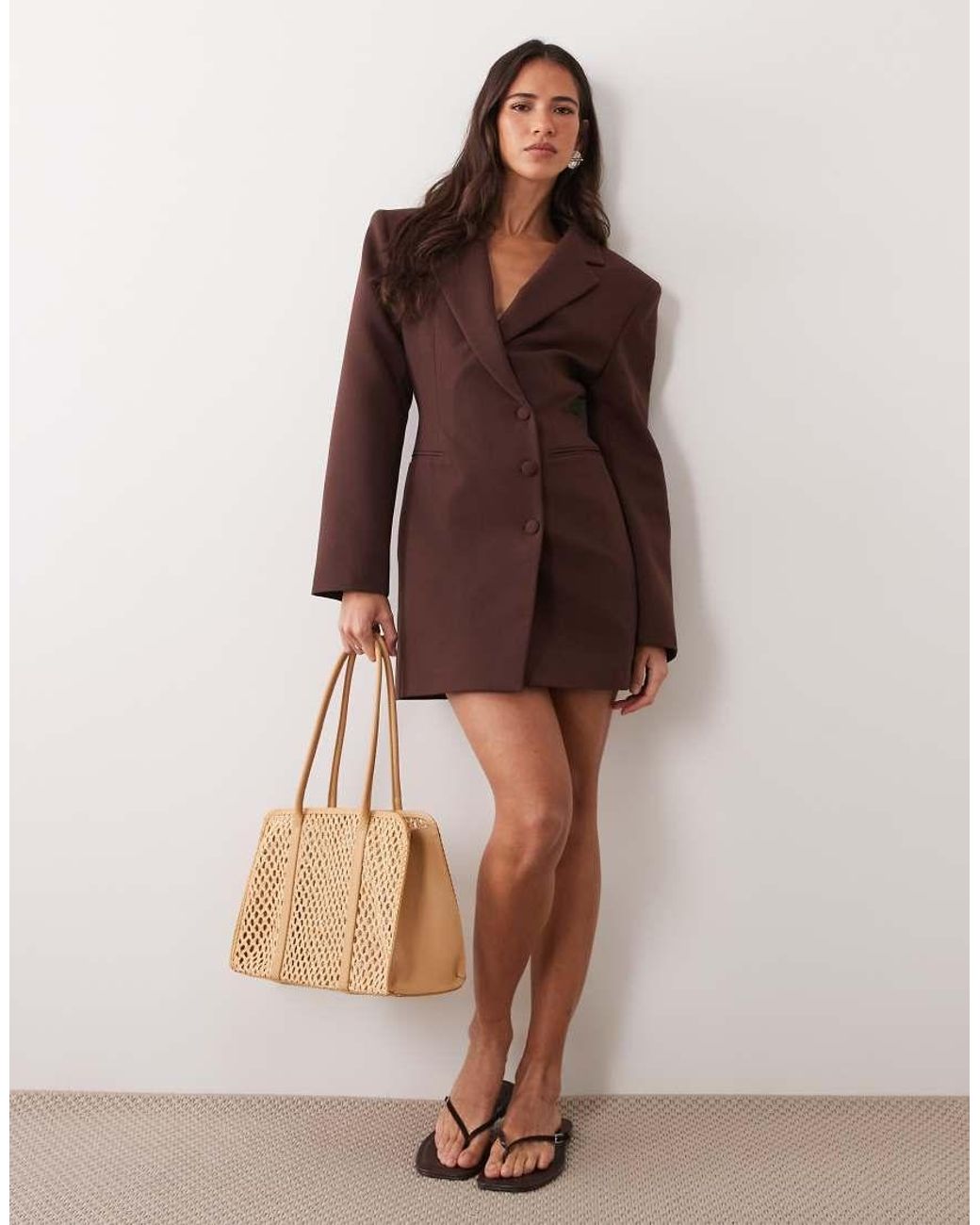 Miss Selfridge Brown Strong Shoulder Cinched Blazer Dress
