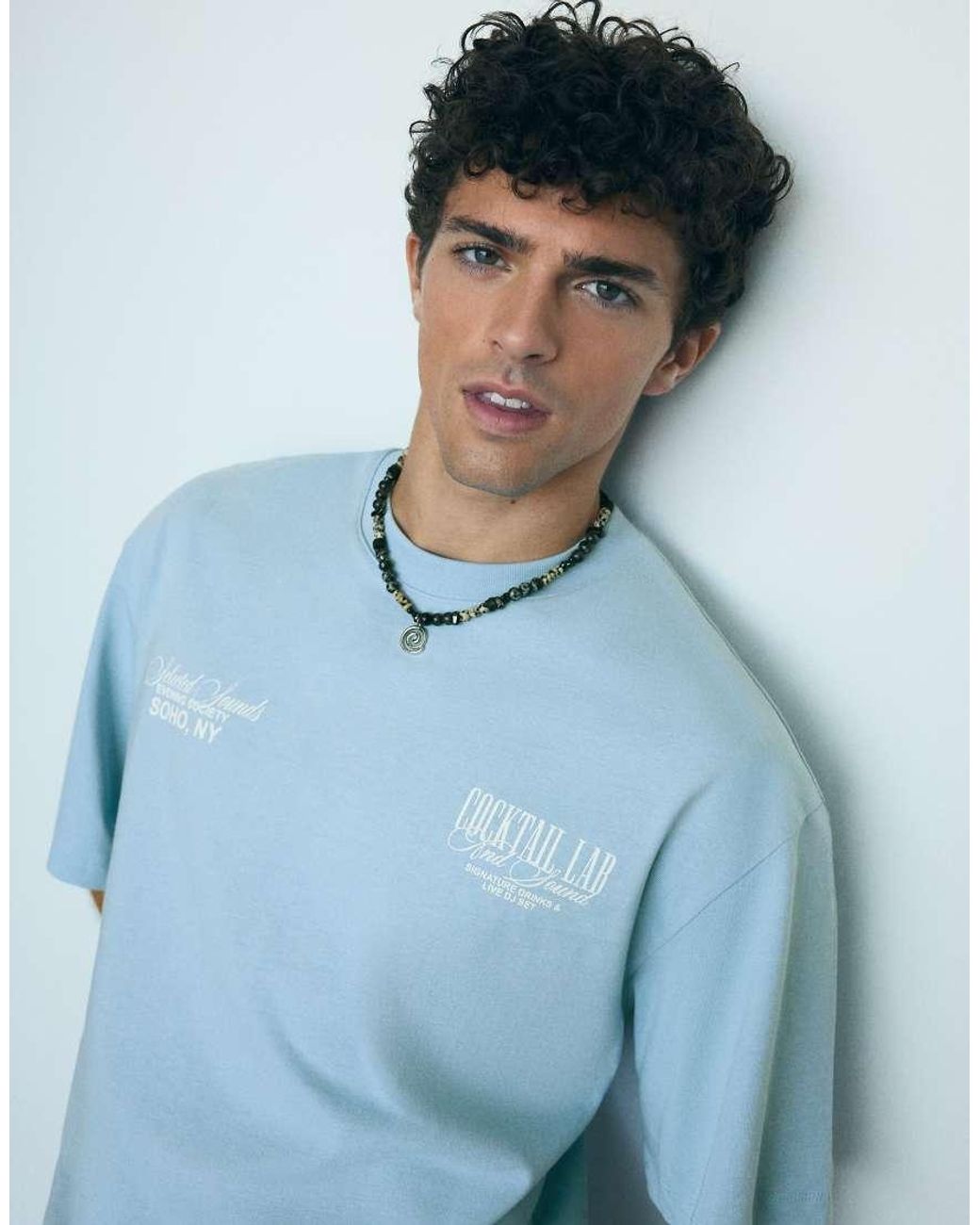 Bershka Blue Boxy Short Sleeve Print T-shirt for men