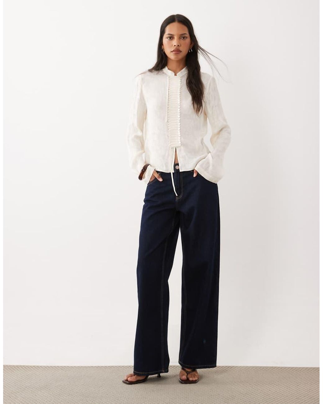 Mango Natural High Neck Jacquard Long Sleeve Blouse With Button Detailing