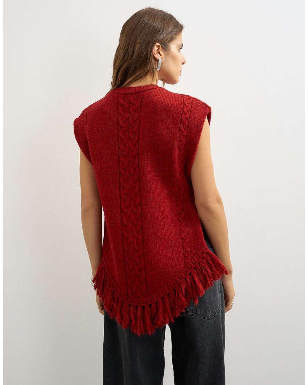 TOPSHOP Red Knitted Fringe Poncho