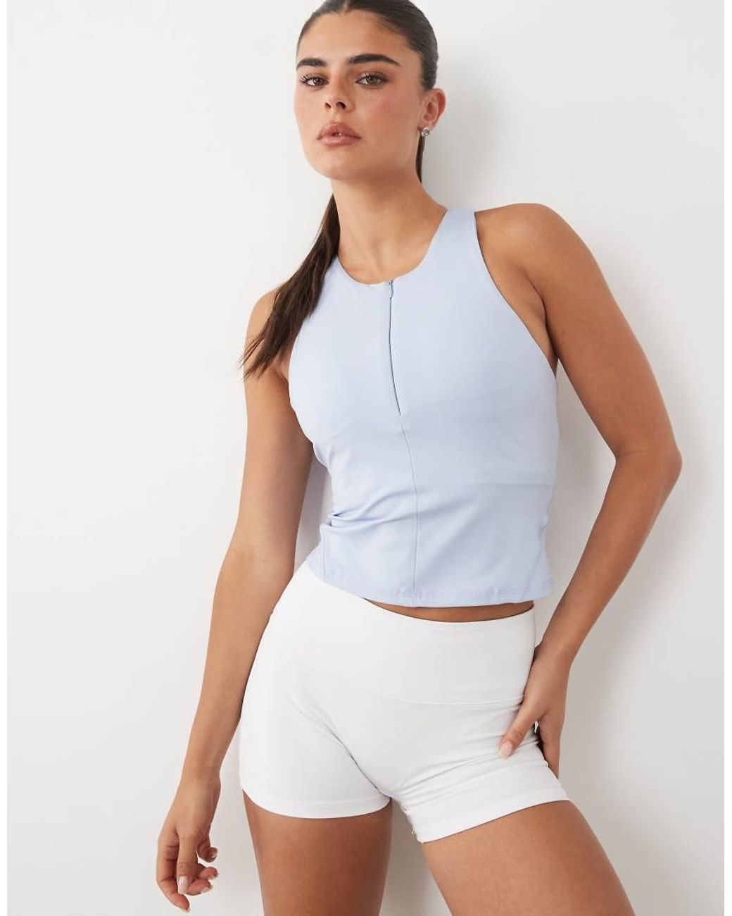 4505 Blue Active Cropped 1/4 Zip Tank With Inner Bra And Removable Padding