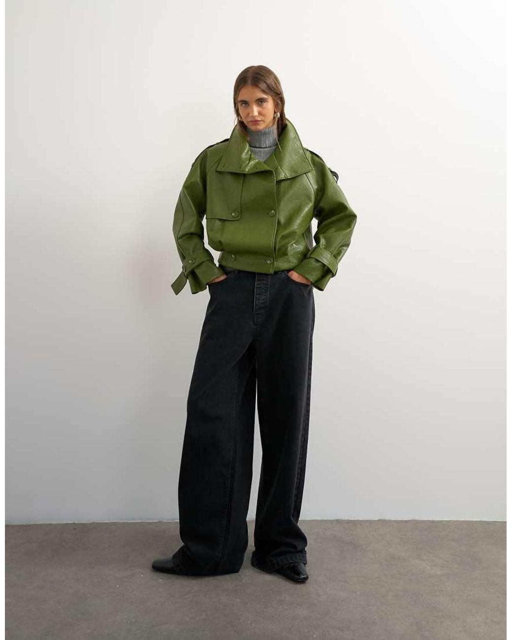 TOPSHOP Green Faux Leather Short Mac