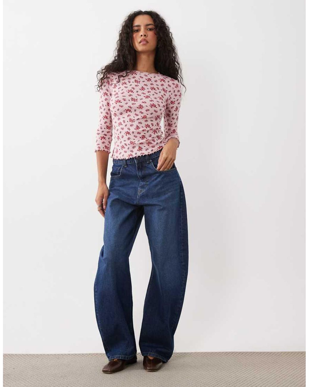 Miss Selfridge Red Pointelle 3/4 Sleeve T-shirt