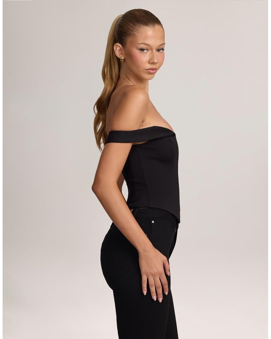 Oh Polly Black Ponte Bardot Mesh Plunge V-neck Corset Top