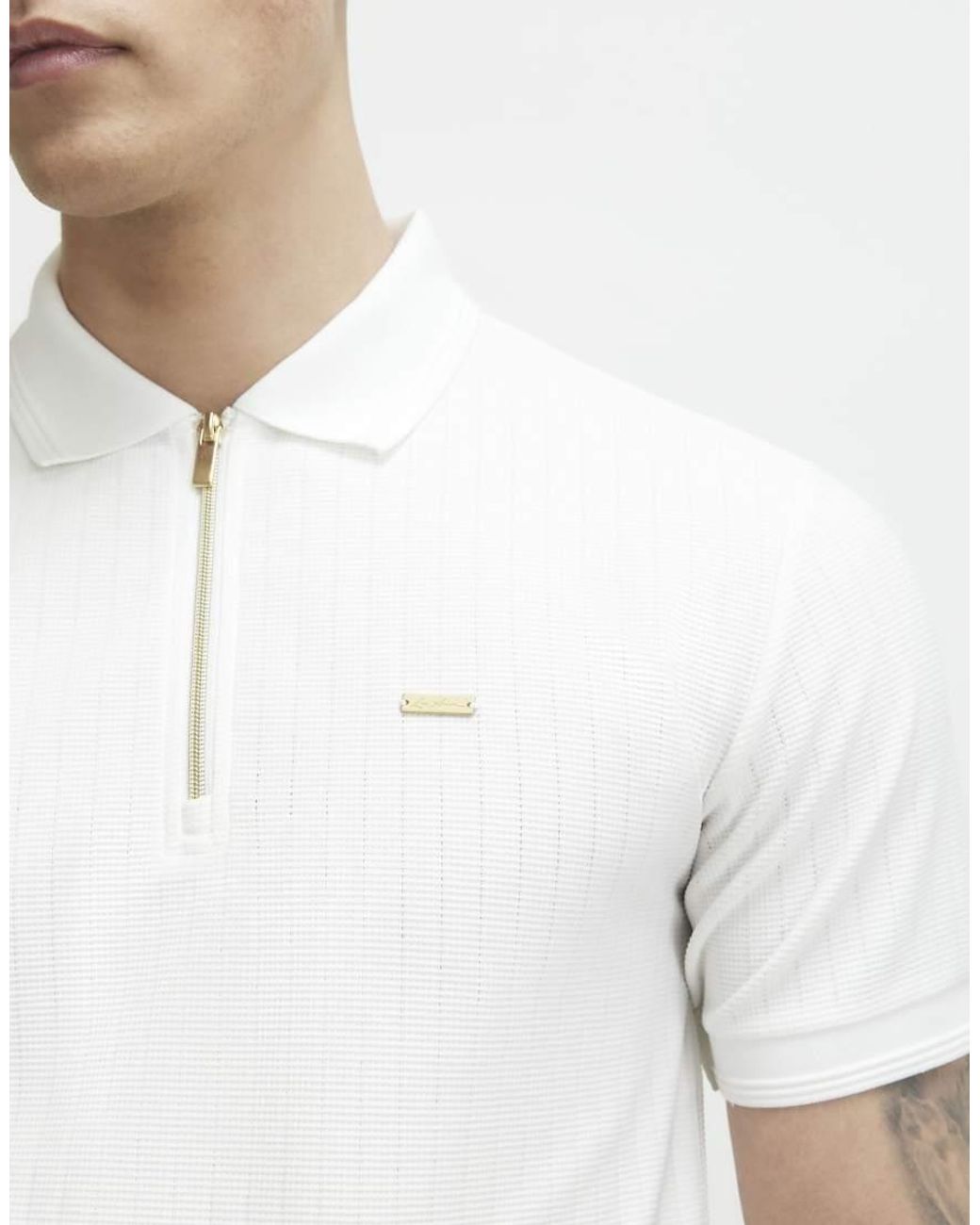River Island White Muscle Fit Textured Zip Polo Shirt for men