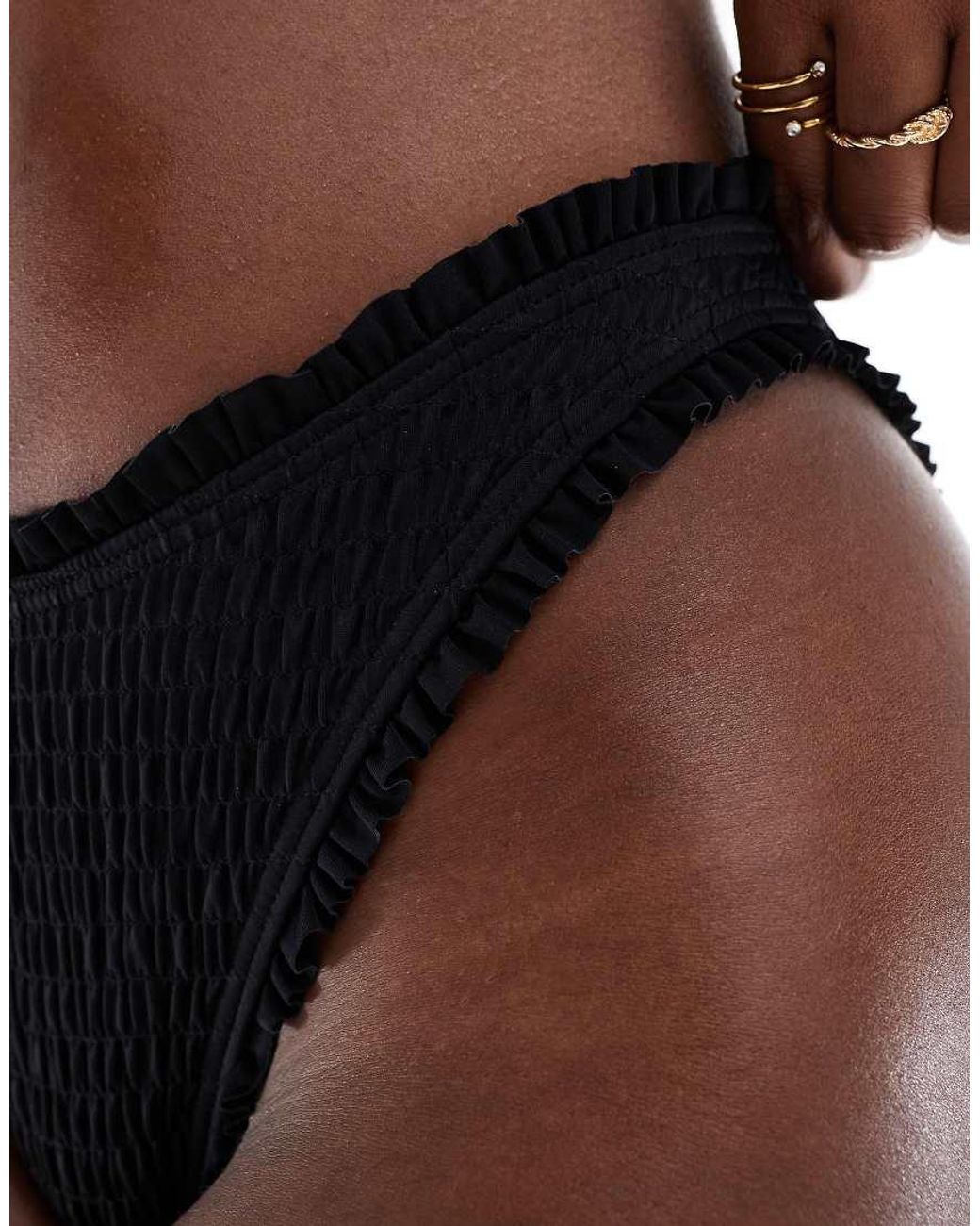 South Beach Black Frilly Crinkle High Leg Bikini Bottom
