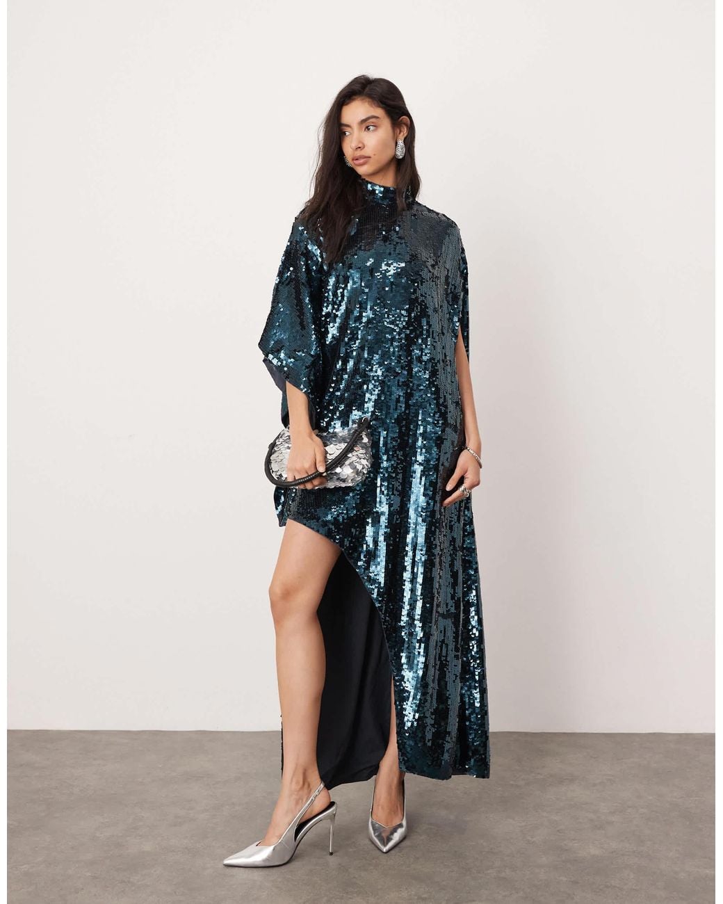 ASOS Sequin High Neck Cape Sleeve Mini Dress With Asymmetric Hem in Blue |  Lyst