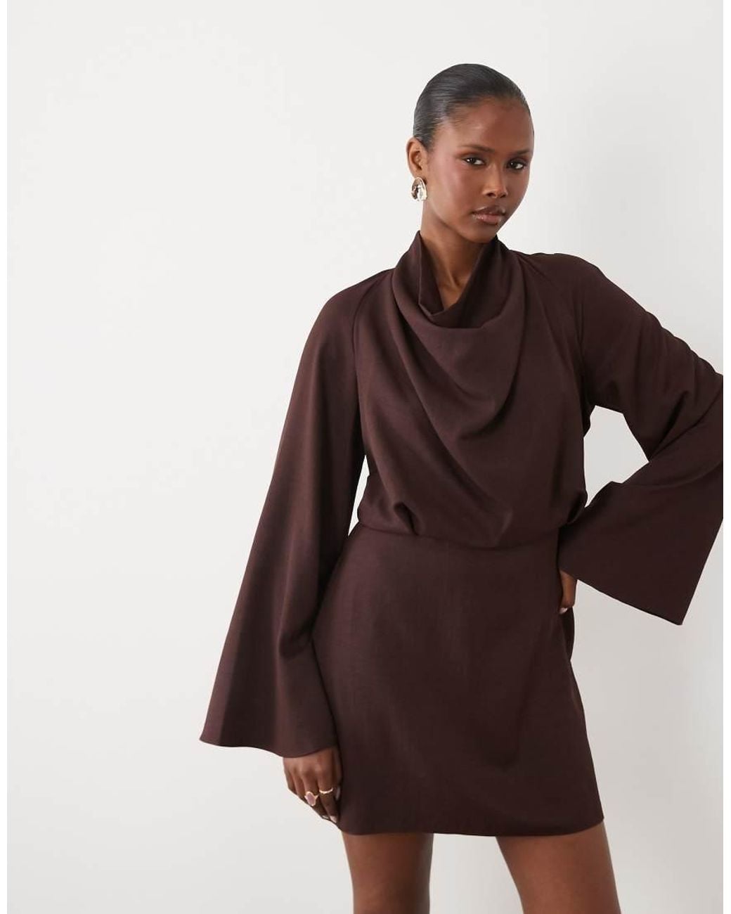 ASOS Brown Cowl Neck Long Sleeve Mini Dress