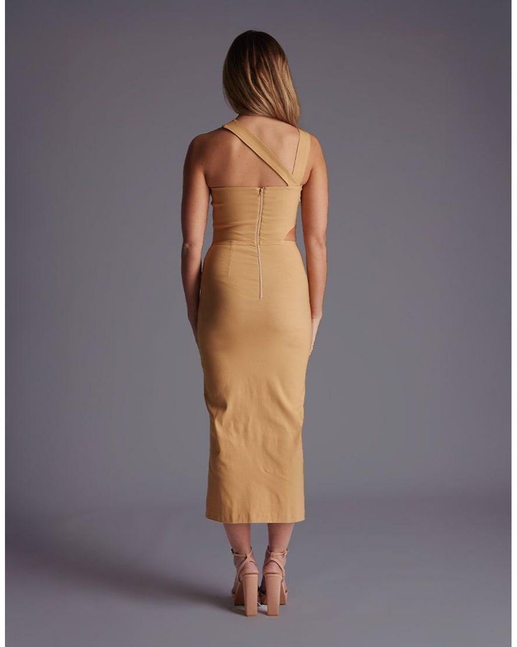 Vesper Gray Asymmetric Neckline Midaxi Dress With Cut Outs