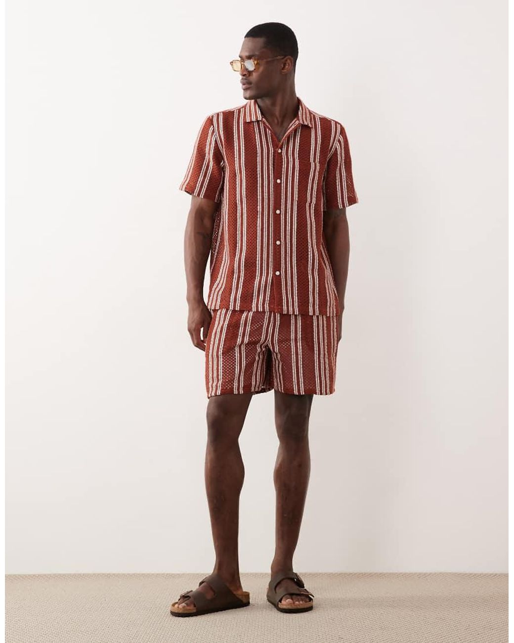 New Look Red Co-Ord Crochet Stripe Shirt for men