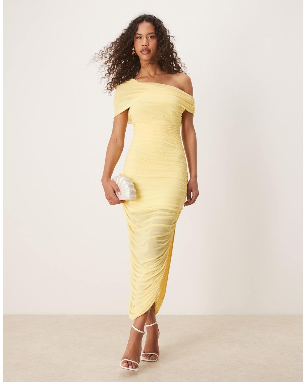 Forever New Mesh Ruched Asymmetrical Midaxi Dress in Natural | Lyst  Australia