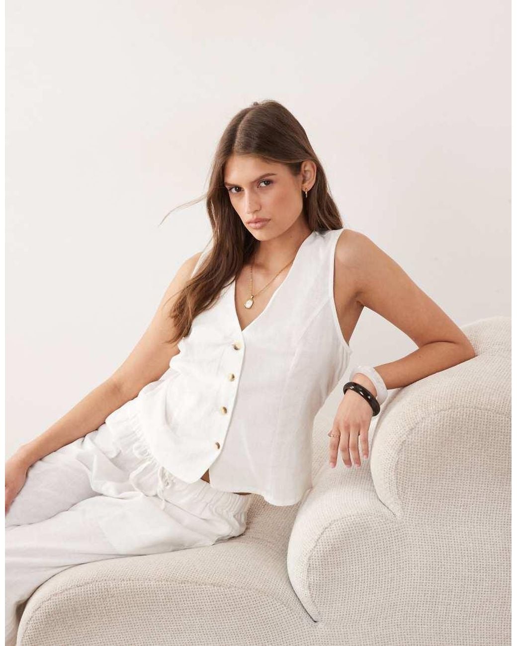 River Island White Linen Blend Waistcoat