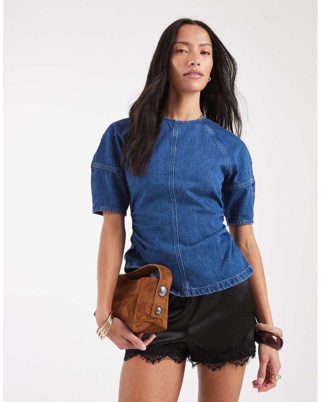 ASOS Blue Cinched Waist Denim Top Cocoon Sleeve