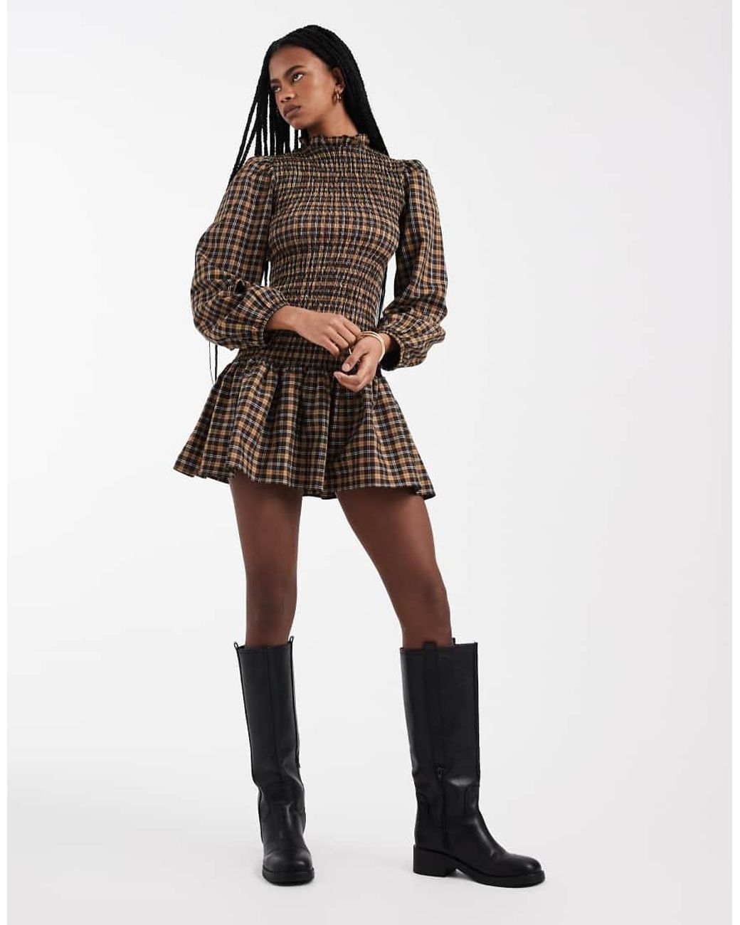 ASOS Brown Shirred Drop Waist Mini Dress