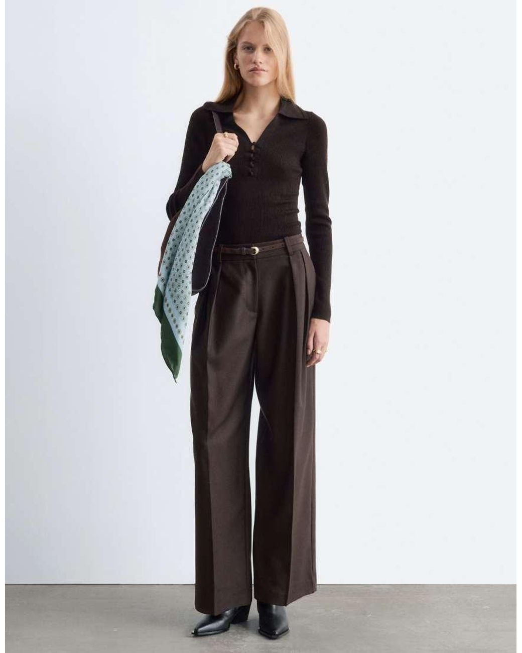 & Other Stories Black 100% Wool Slim Fit Collared Top With Fabric Covered Buttons
