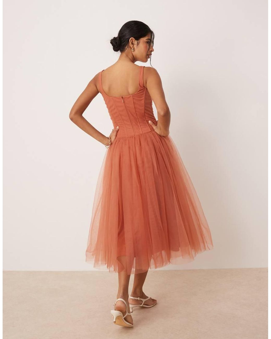LACE & BEADS Orange Corset Drop Hem Midi Dress