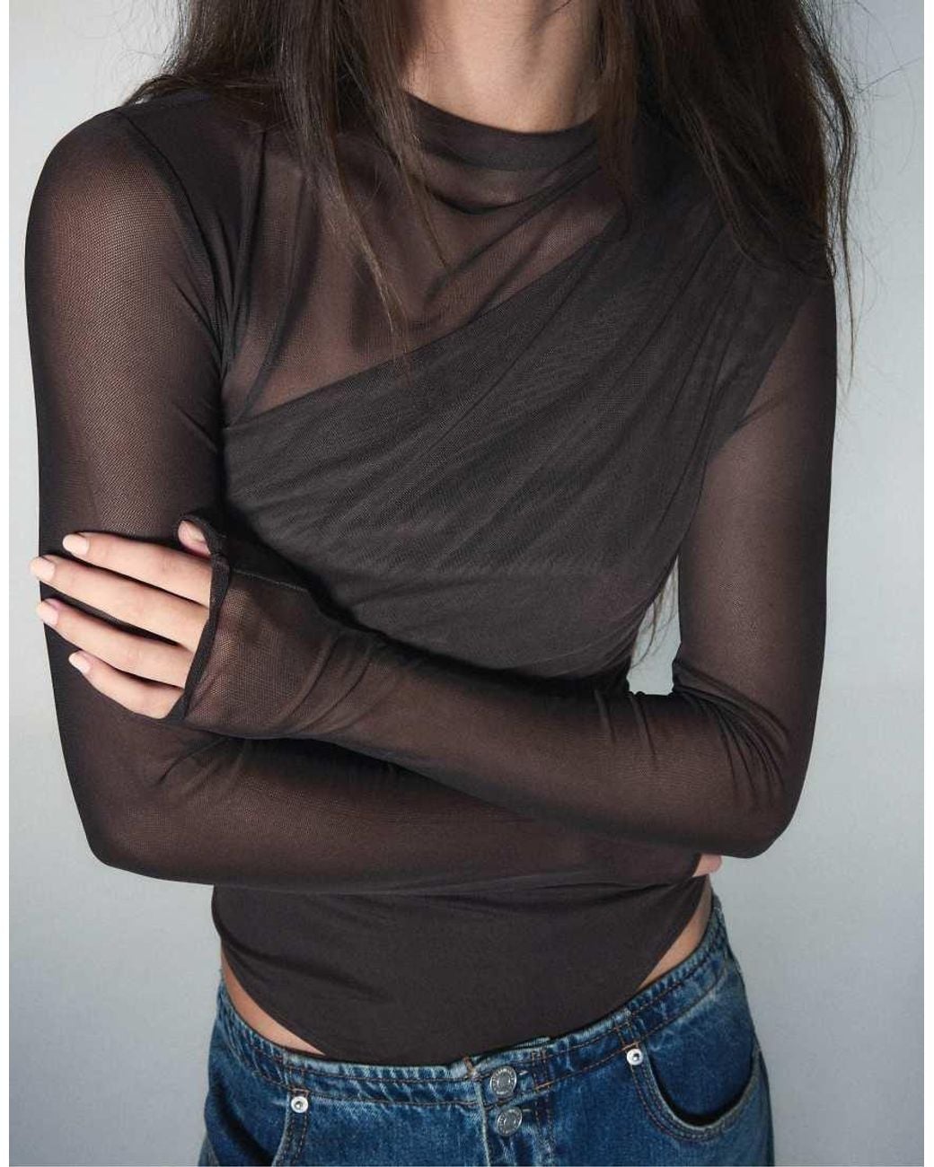 Stradivarius Blue Draped Mesh Long Sleeve Bodysuit