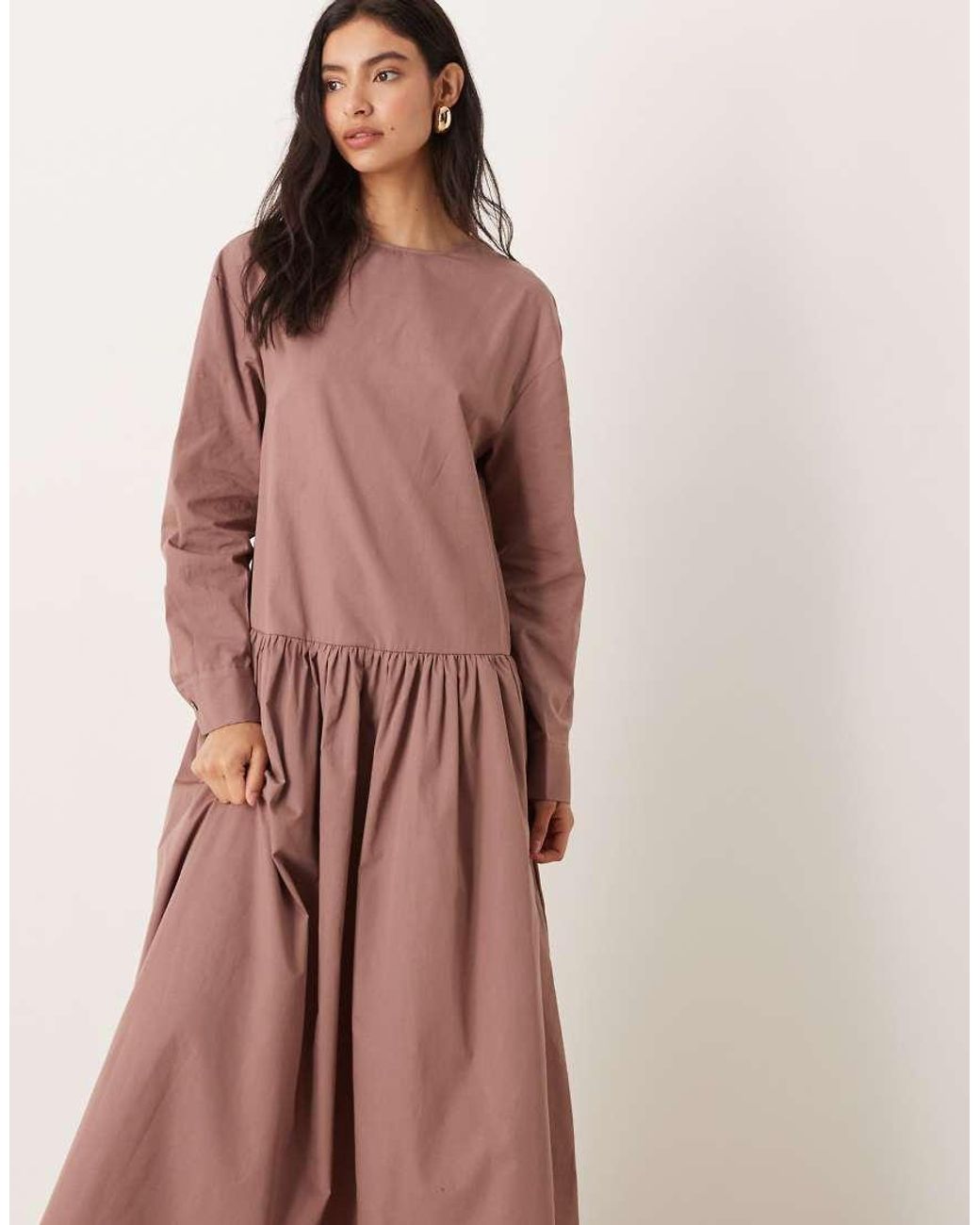 ASOS Pink Cotton Poplin Dropped Waist Maxi Smock Dress Deep Taupe