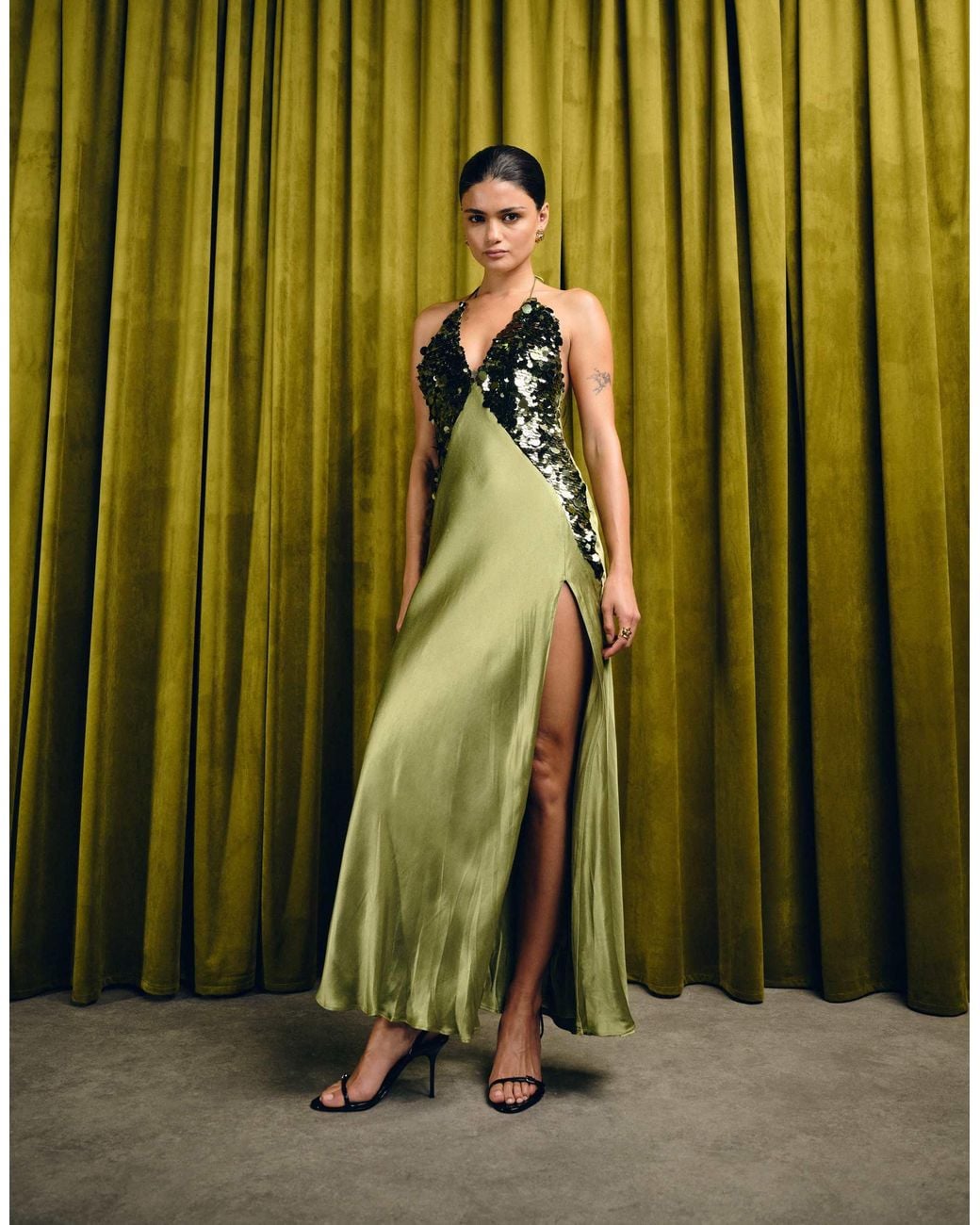 Bardot Yve Sequin Satin Halter Maxi Dress in Green | Lyst Bardot Yve Sequin Satin Halter Maxi Dress in Green | Lyst