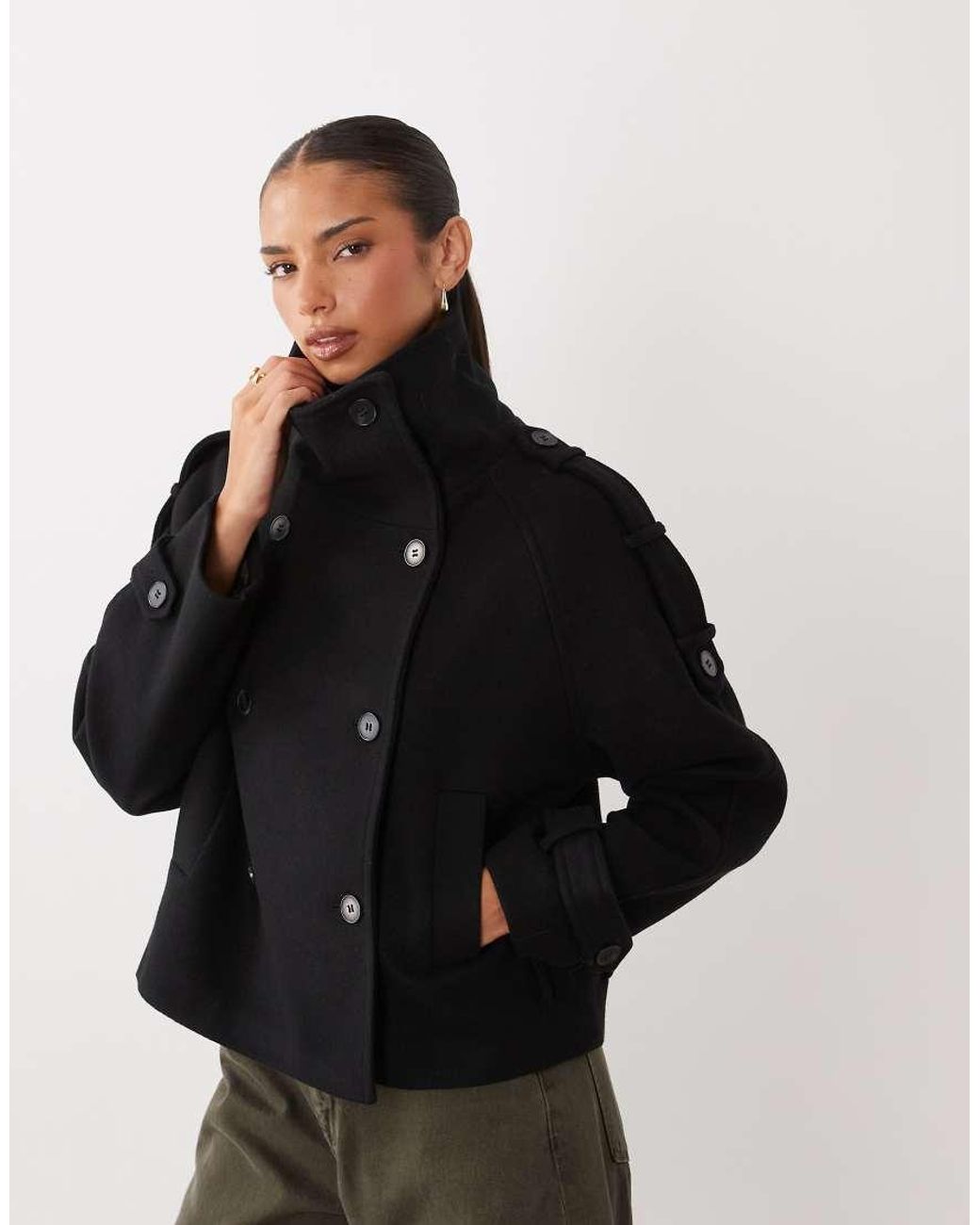 Gina Tricot Black High Neck Short Jacket With Wool