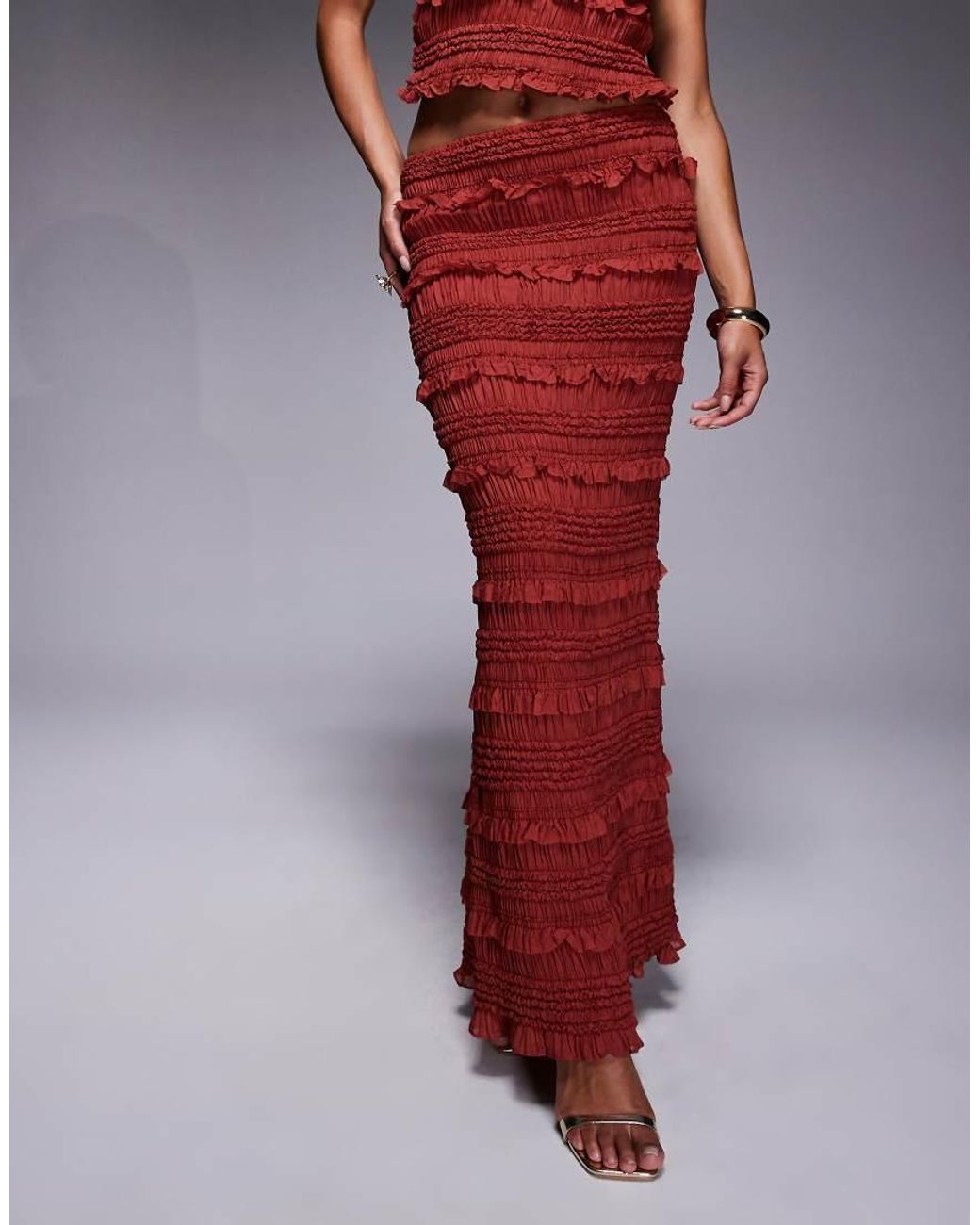 Oh Polly Red Ruffled Mid-rise Maxi Skirt