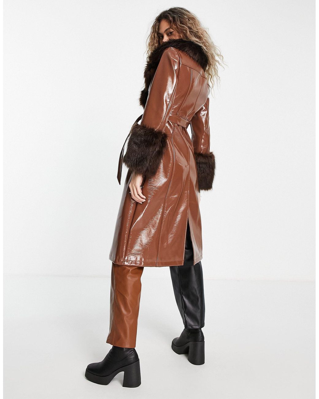 Manteau long en vinyle - chocolat TOPSHOP en coloris Marron | Lyst