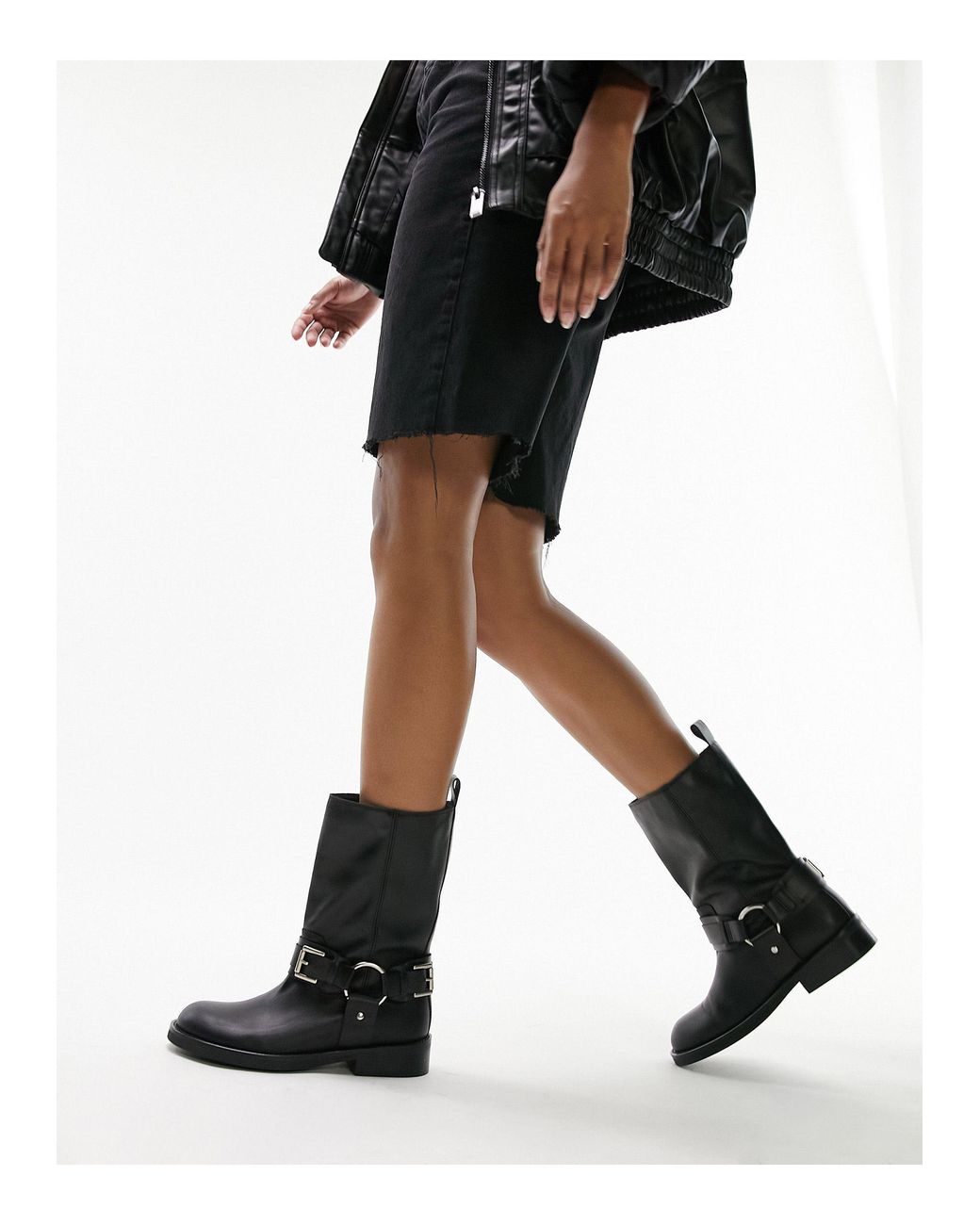 TOPSHOP Lea Premium Leather Biker Boot in Black Lyst UK