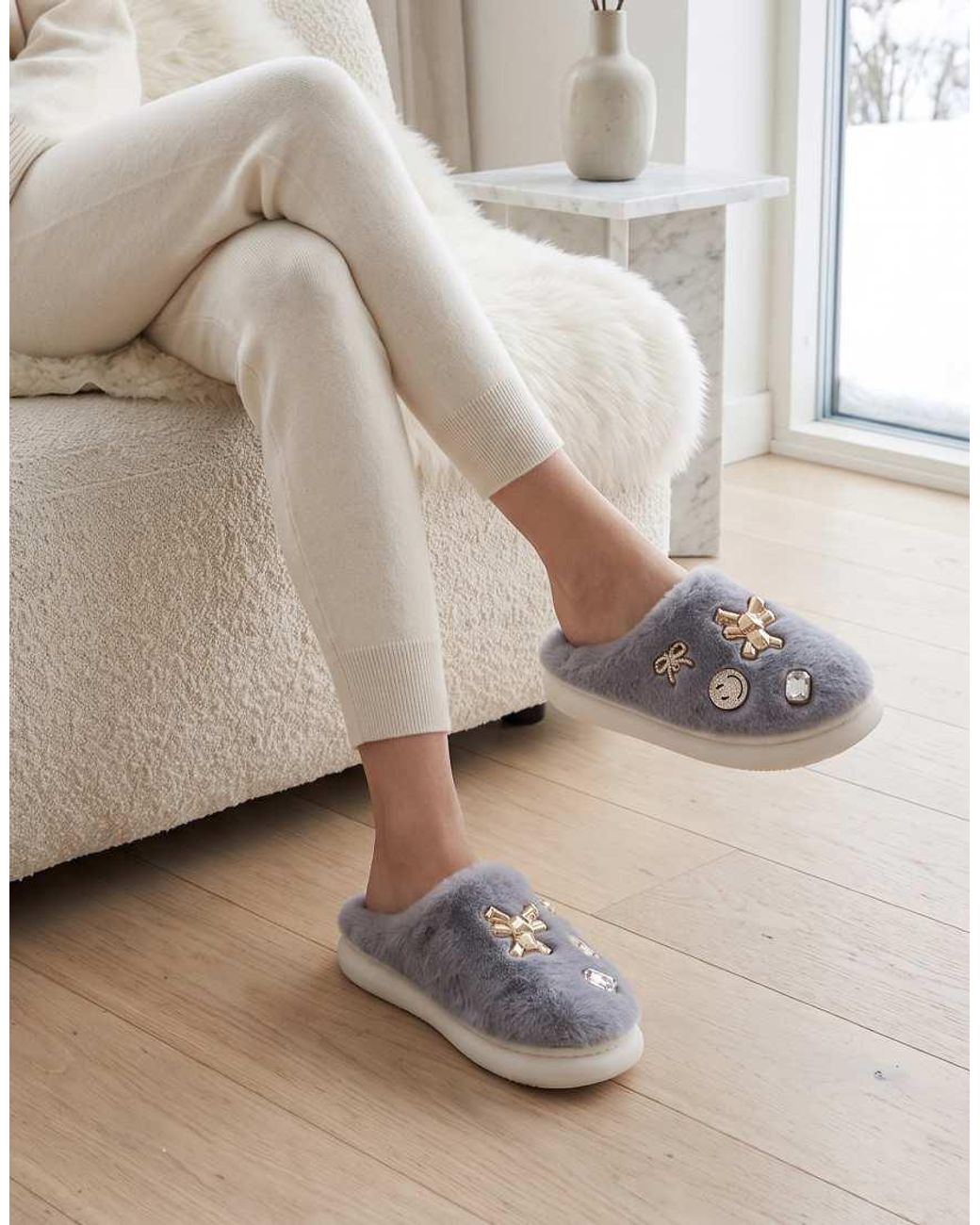 SEQWL Gray Fluffy Mule Slippers Warm Slip Ons With Charm Details