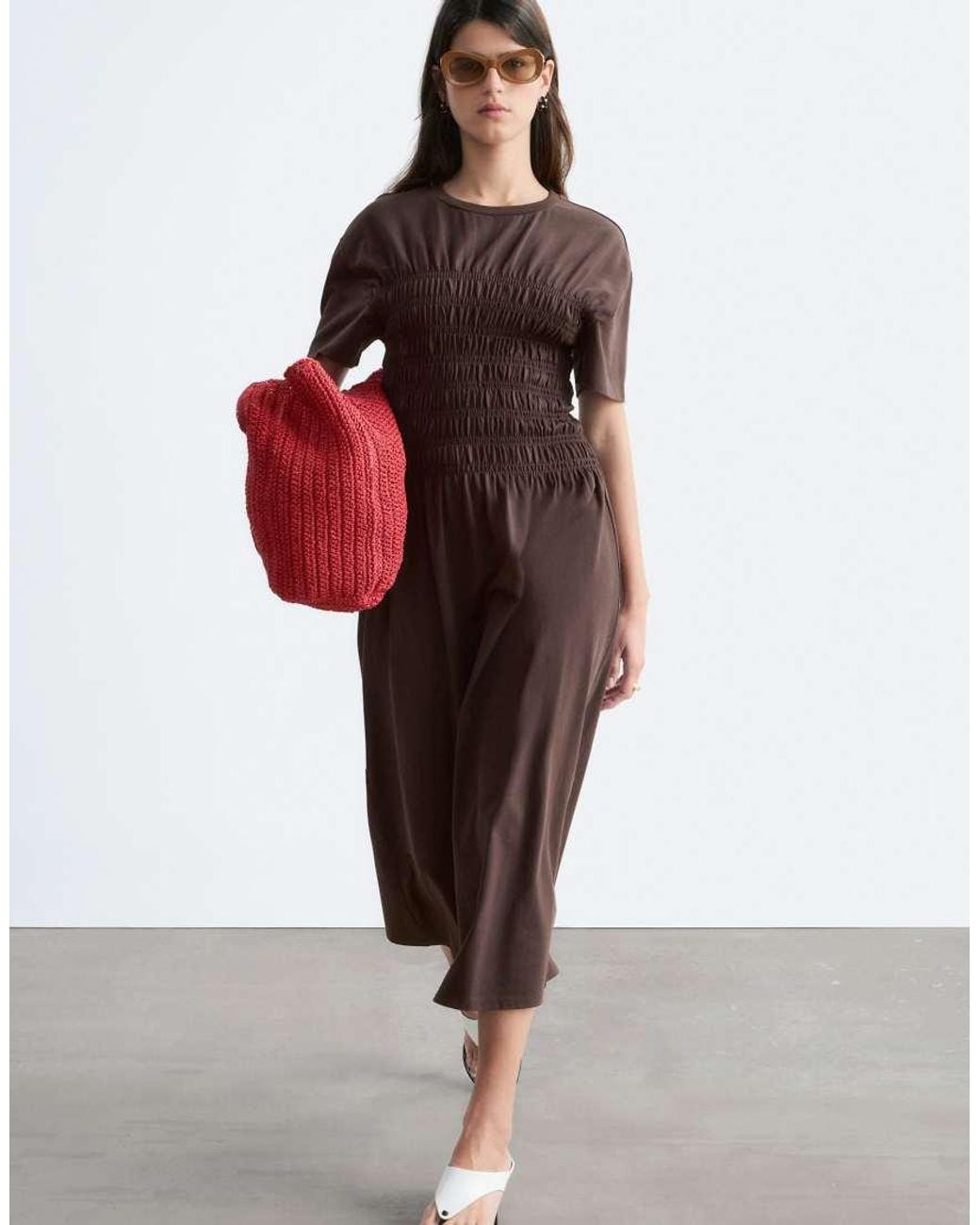 & Other Stories Red Crinkle Cinch Waist T-shirt Dress