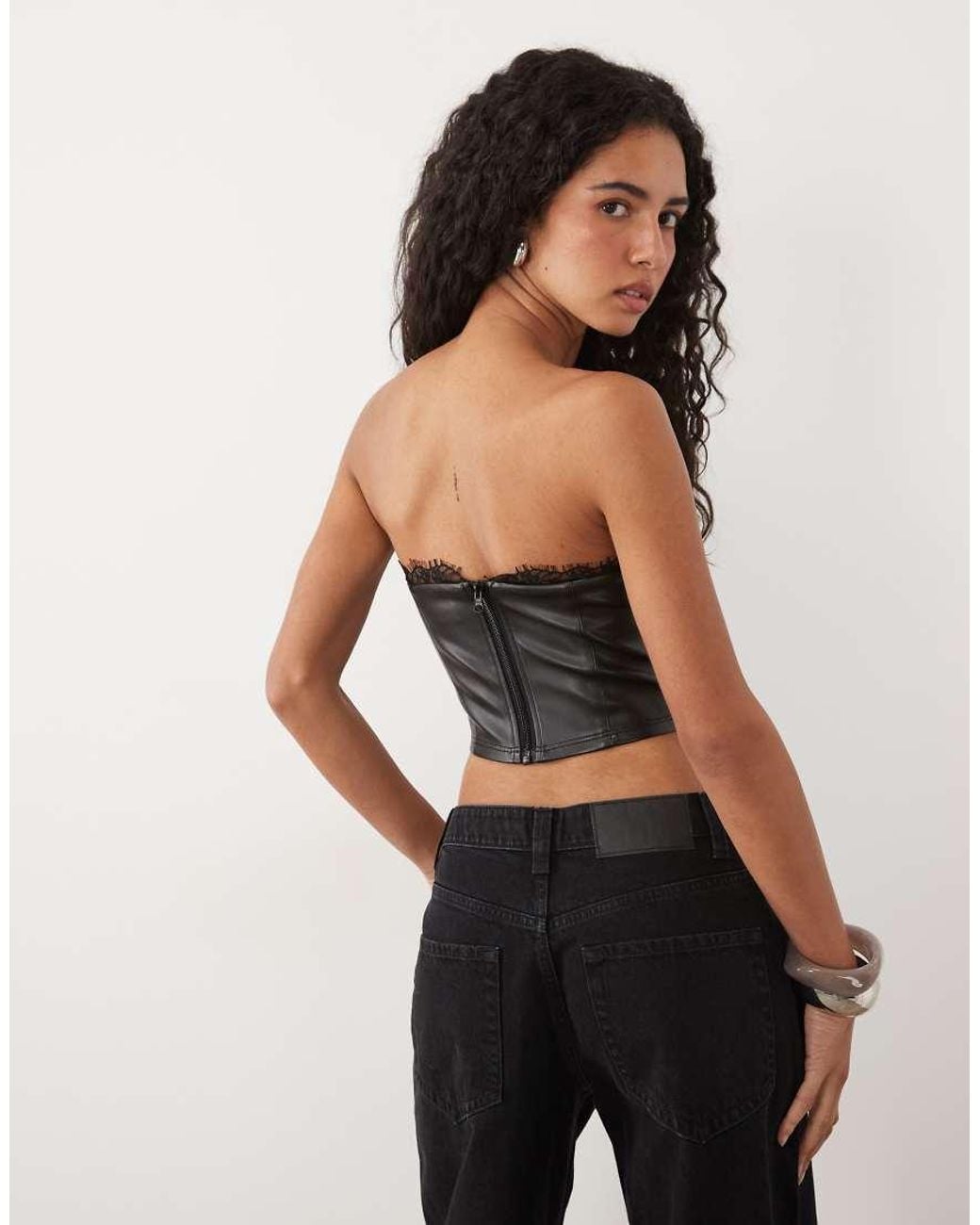 Miss Selfridge Black Faux Leather Bandeau Top With Lace Trim