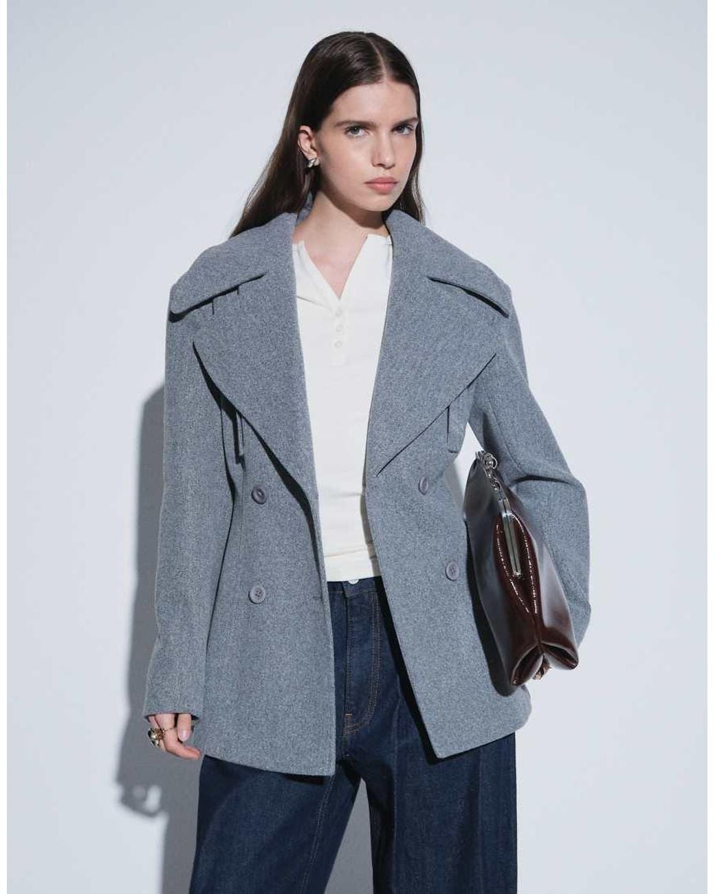 Aria Cove Blue Wool Look Oversized Lapel Double Breasted Blazer