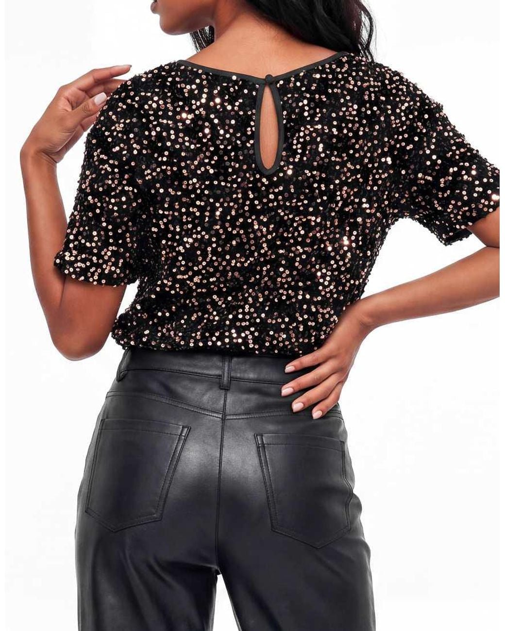 Lovedrobe Black Embellished Velvet Short Sleeve Boxy Top