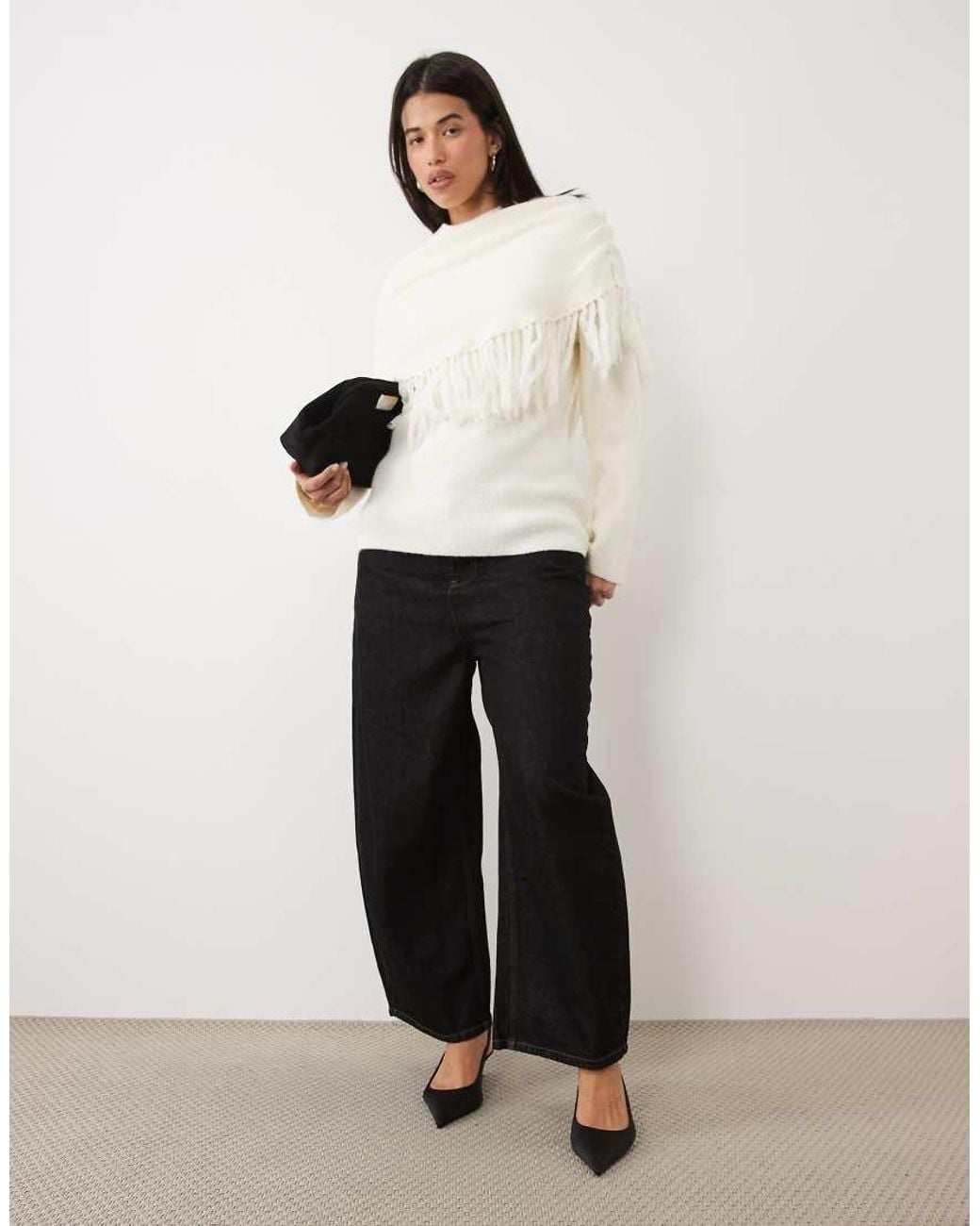 Pretty Lavish White Knit Poncho Asymmetric Fringe Detail Jumper