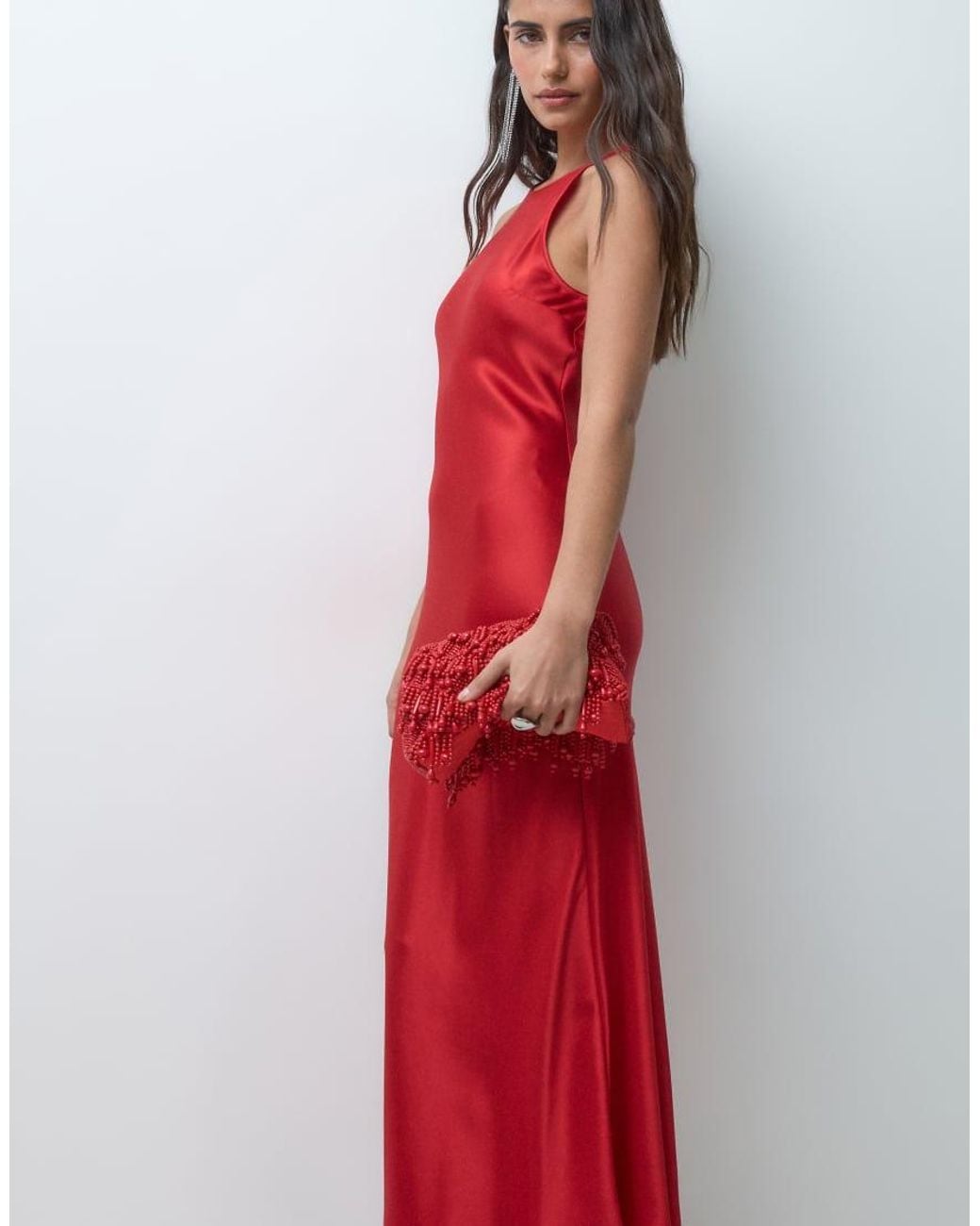 & Other Stories Red Satin Midi Dress With Bias Cut