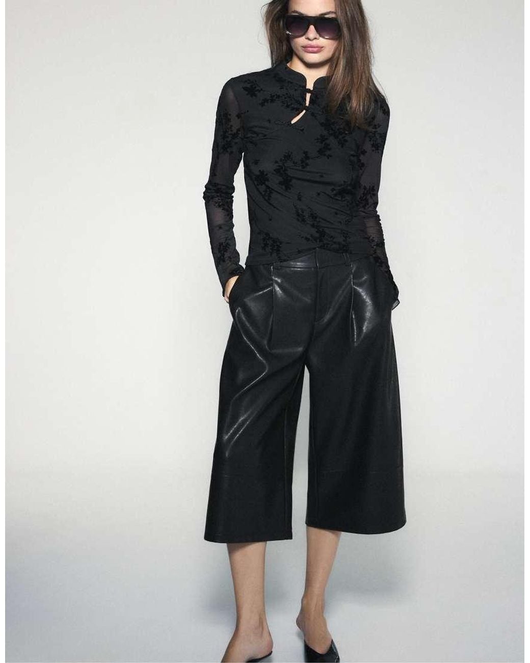 Stradivarius Black Flocculated Long Sleeve toggle Top