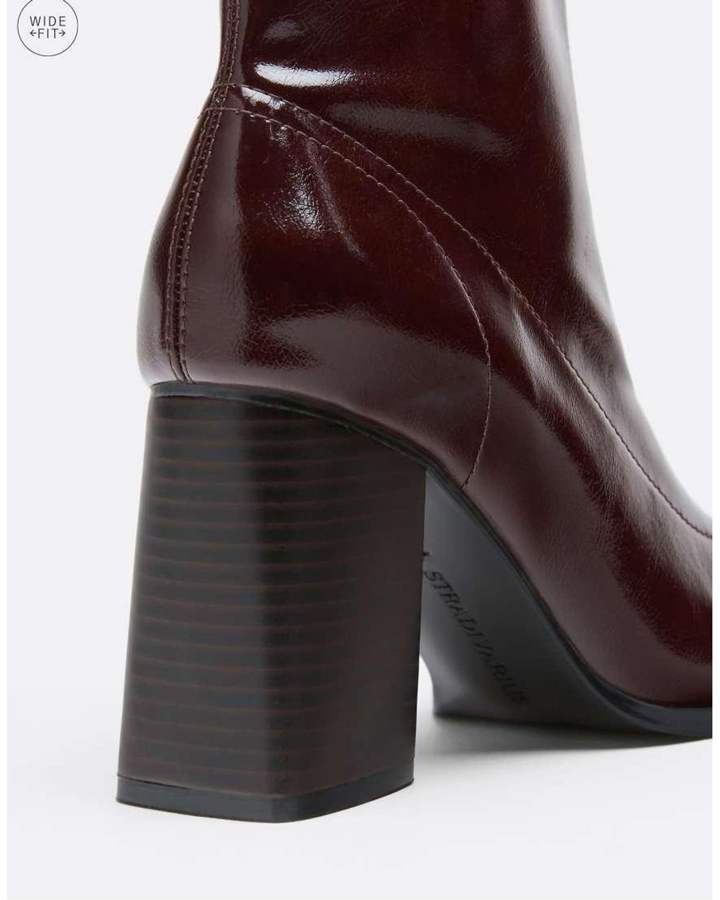 Stradivarius Brown Leather Effect Block Heel Ankle Boots