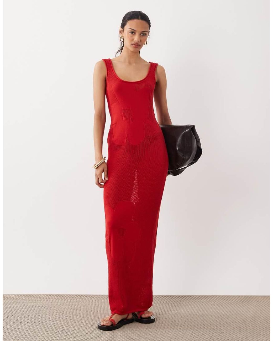 ASOS Red Fine Knit Floral Maxi Dress