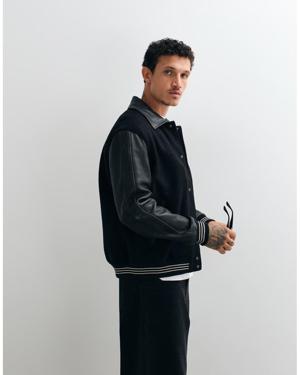 AllSaints Blue Vanson Wool Leather Varsity Bomber Jacket for men