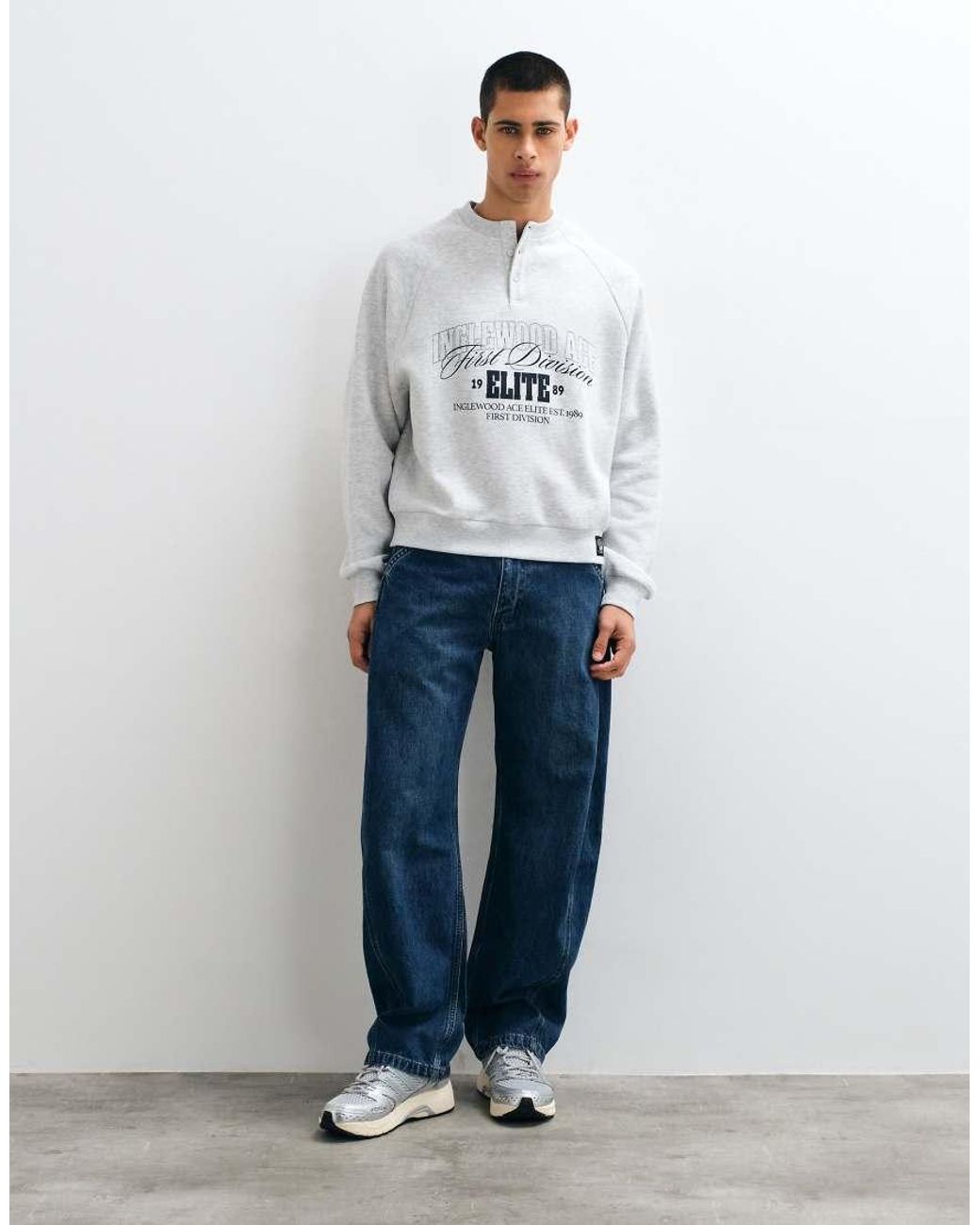 ASOS White Oversized Boxy Henley With Pigment Print And Woven Tab Detail for men