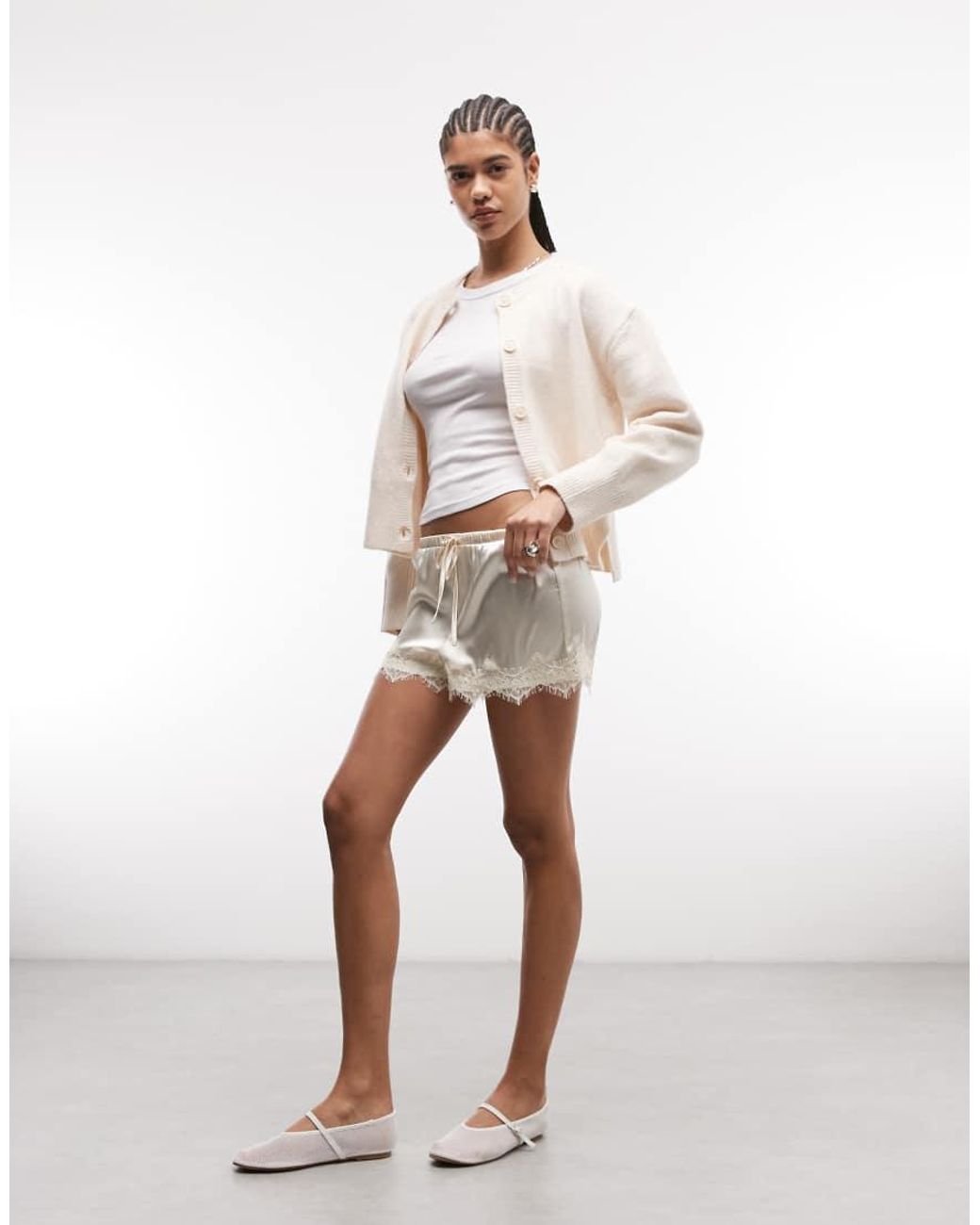 Noisy May Gray Low Rise Satin Shorts With Lace Hem