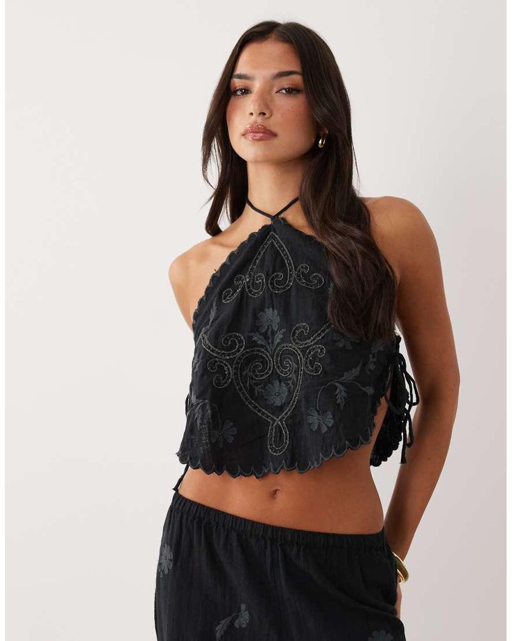 ASOS Black Nienna Embroidered Halter Beach Top