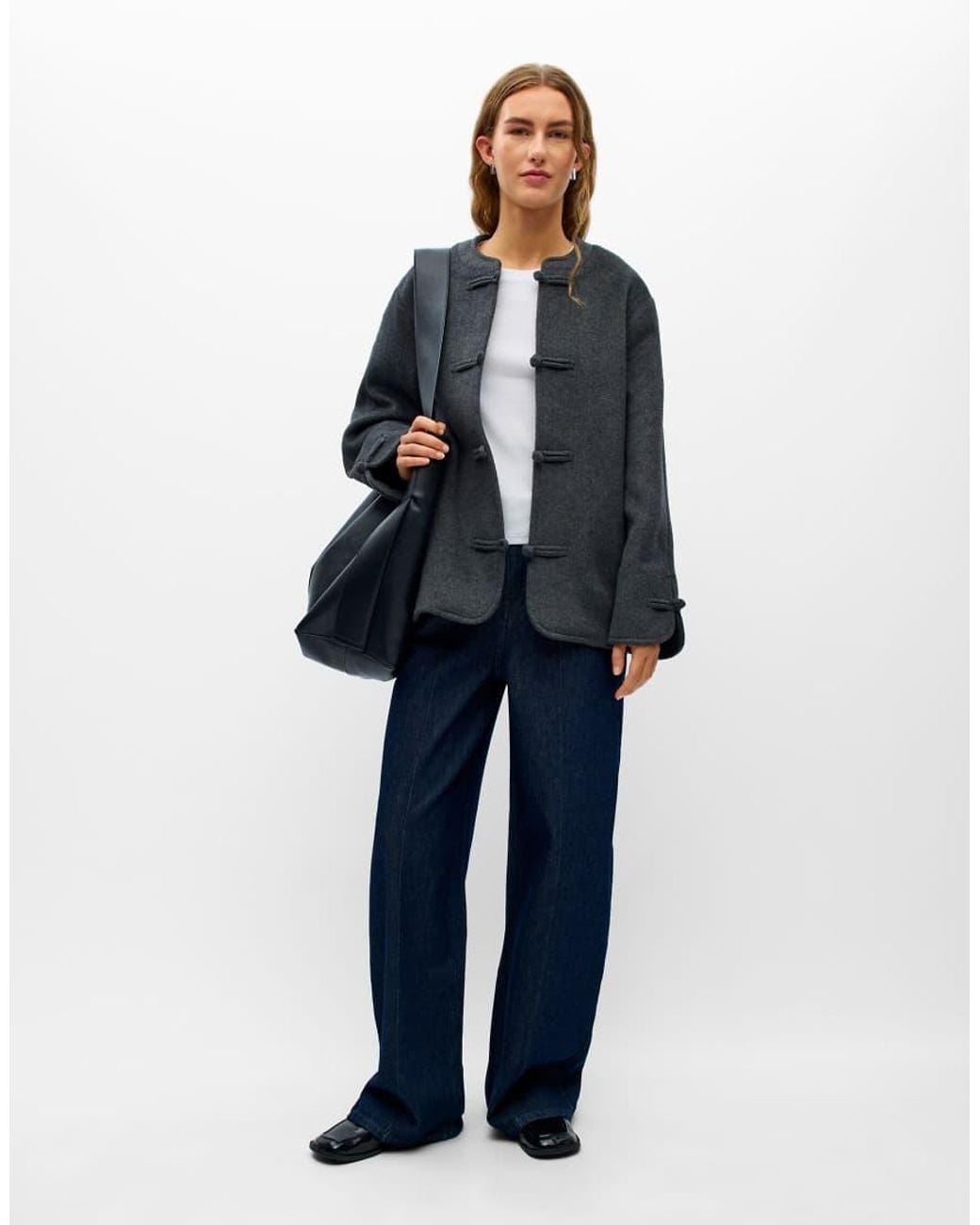 Object Blue Linn Oversized Wool Blend Collarless Jacket With Knot-button Fastening