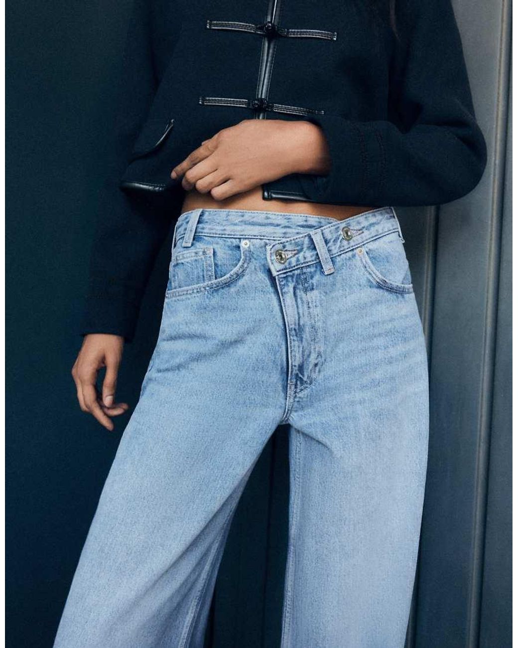 Bershka Blue Wide-leg Cross-waist Jeans